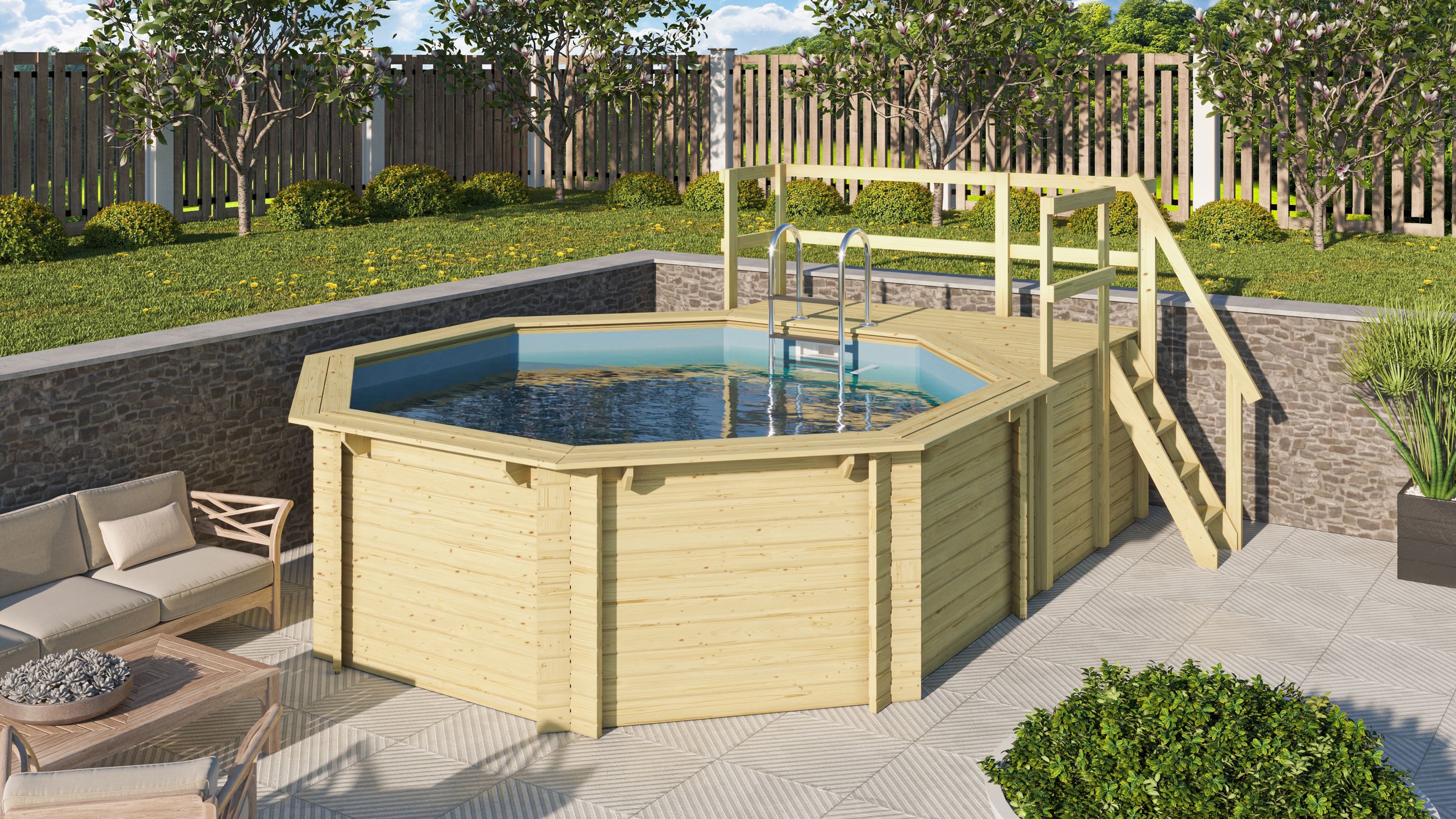 Achteckpool Massivholzpool kdi Schwimmbecken Gartenpool