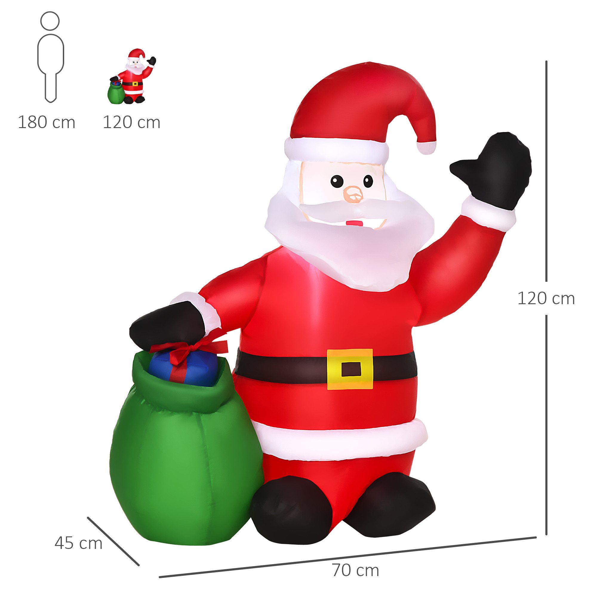 HOMCOM Weihnachtsfigur aufblasbarer Weihnachtsmann (Weihnachtsdekoration, 1 St., aufblasbar Weihnachtsdeko), Rot 70 x 45 x 120 cm