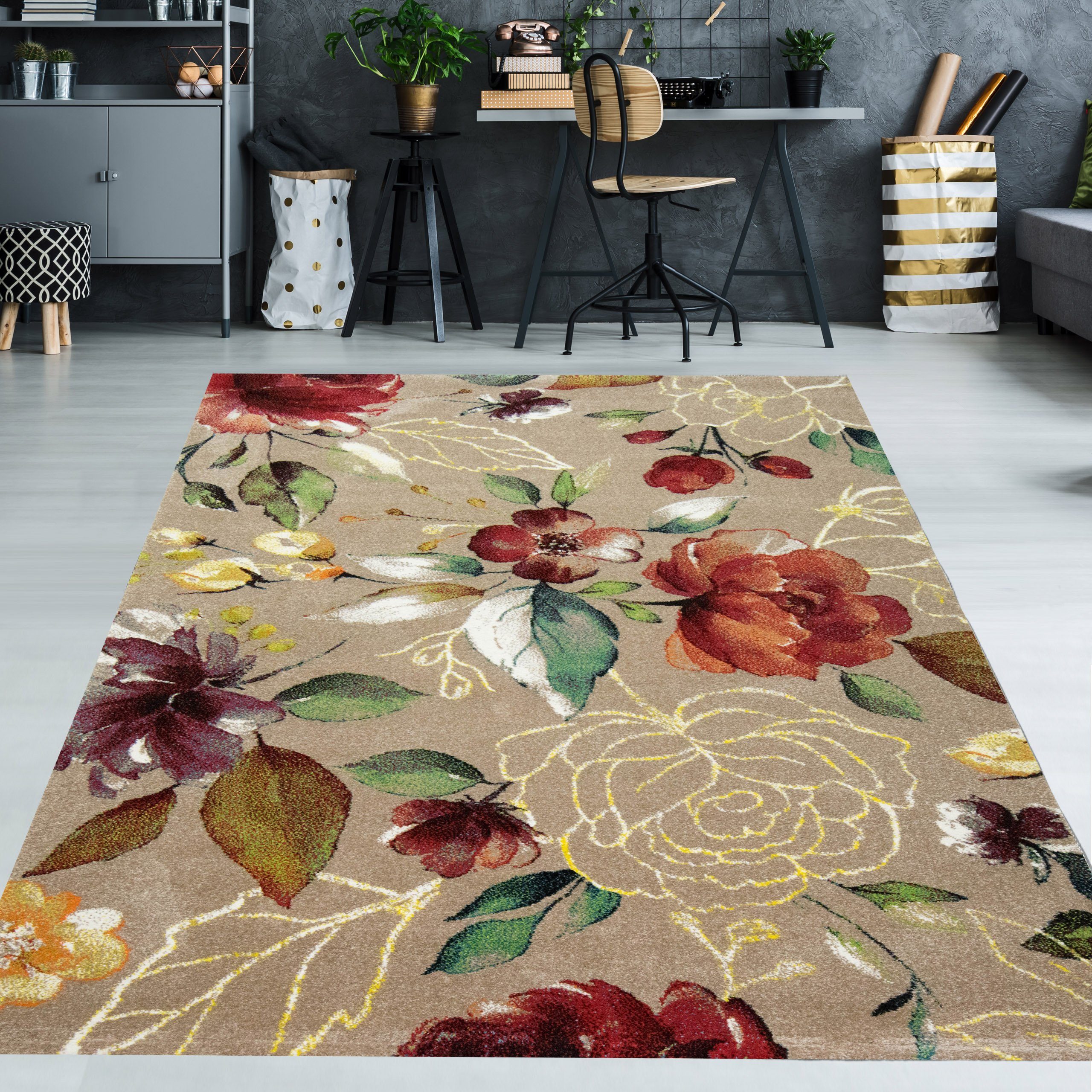 Teppich Wunderschöner dezenter Teppich 13 rechteckig, TeppichHome24, – bunt, Höhe: bunten Blumen mit taupe mm