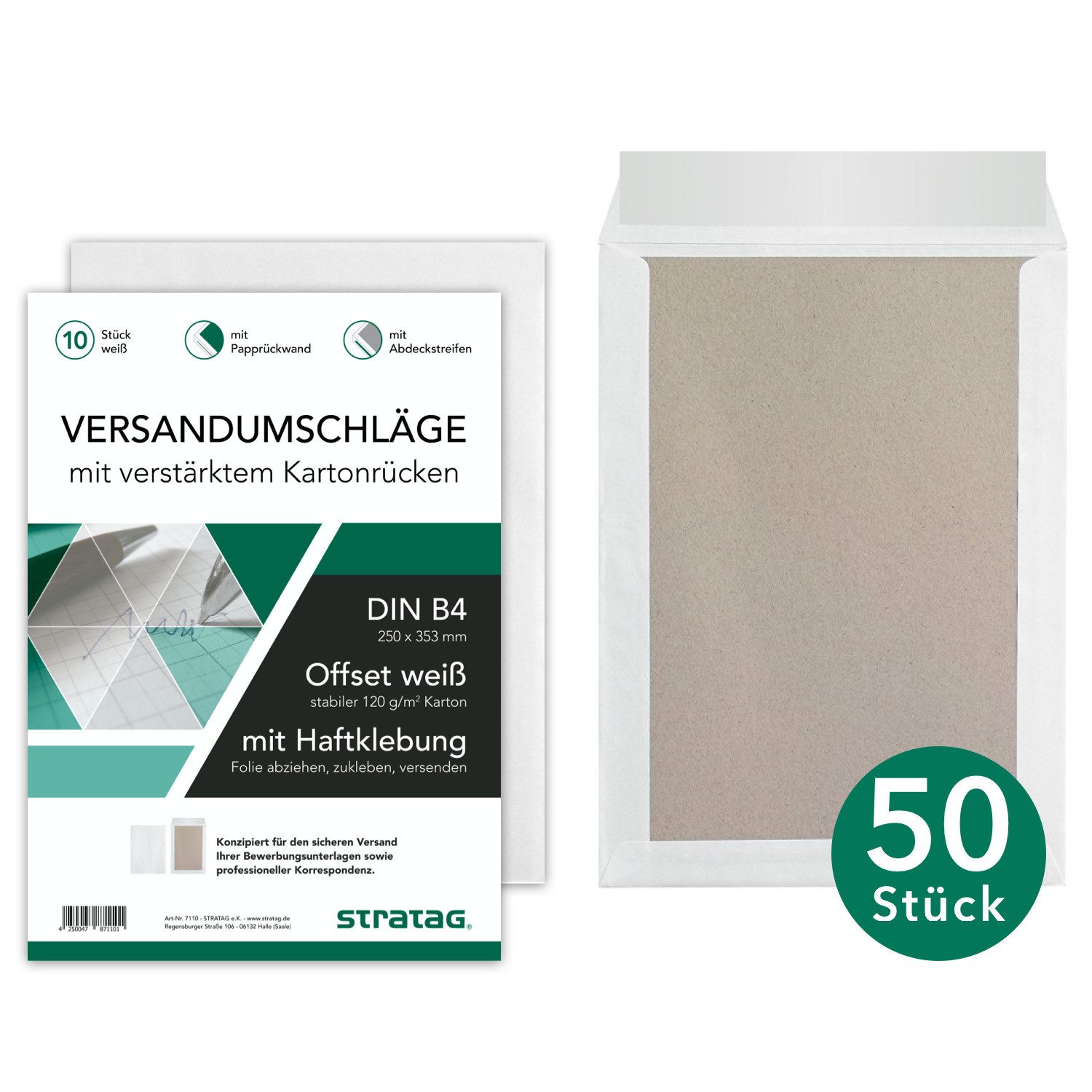 STRATAG Versandtasche Premium Versandtaschen B4 in Weiß, mit Papprückwand, 250 x 353 mm, mit Haftklebung und Abdeckstreifen, für Ihre knickfreien A4-Inhalte