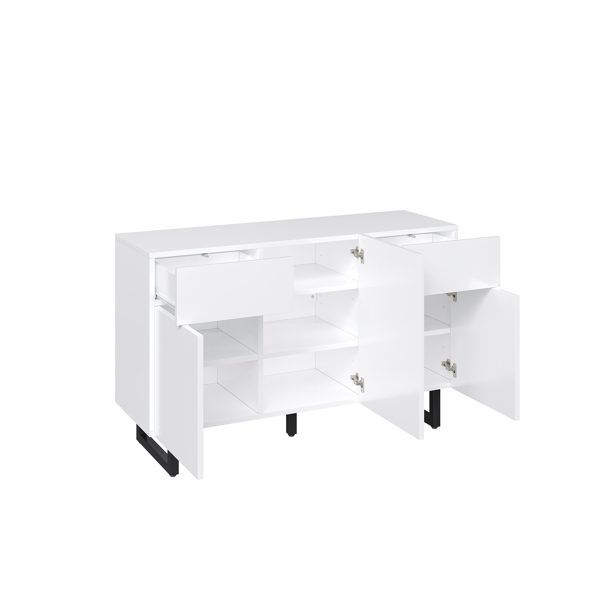 LVHOM Sideboard 120 cm, Kommode, schlichtes Design in Schwarz und Weiß, Metallbeine (zwei Schubladen und mehrere Fächer, Einlegeböden verstellbar, flexible Organisation und praktisch, LED-Beleuchtung, bis 50kg, rutschfeste Schrankfüße), geeignet für Esszimmer, Wohnzimmer, Küche, Homeoffice