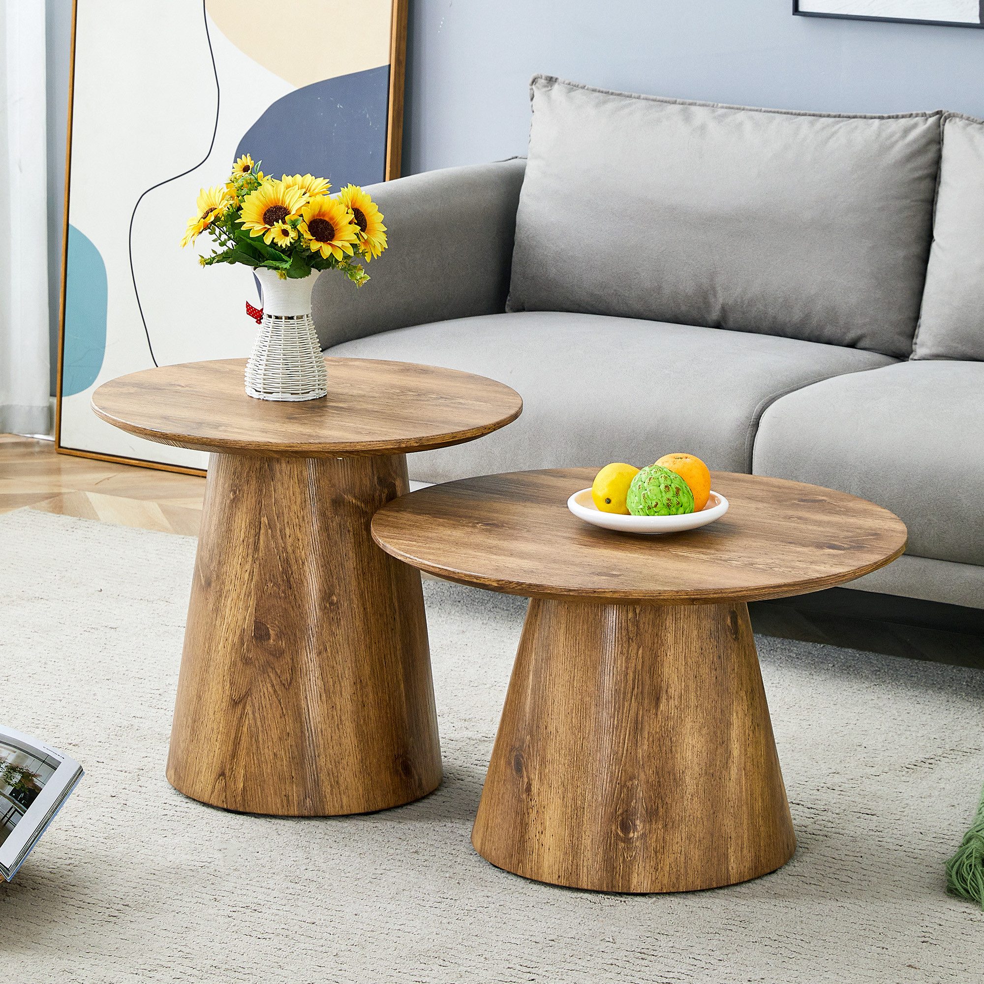 JUFU Couchtisch Runder Beistelltisch in Holzoptik natur (2-St), Erhältlich in 2 Größen (50/60cm), einzeln oder als Set