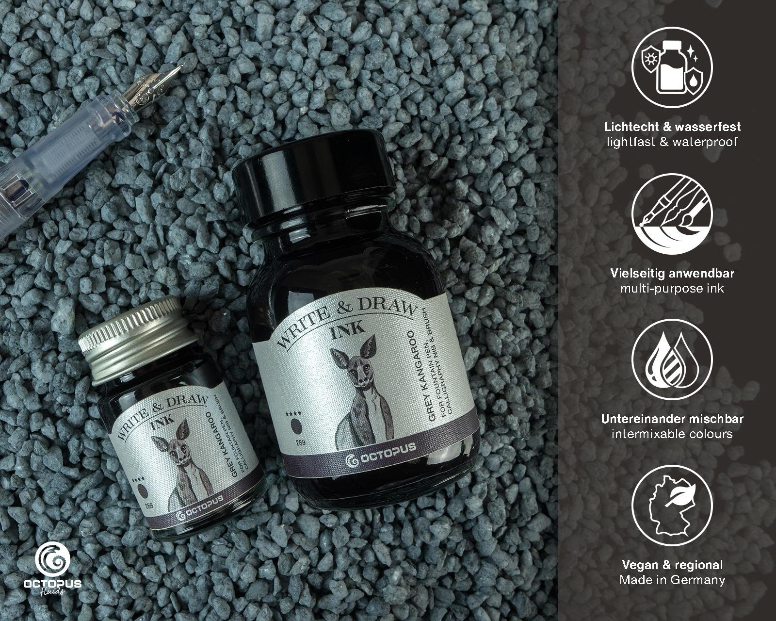 OCTOPUS Fluids Write and Draw Ink Grey Kangaroo, Schreib- und Zeichentinte, 10ml Tintenglas (Set, 0-tlg)