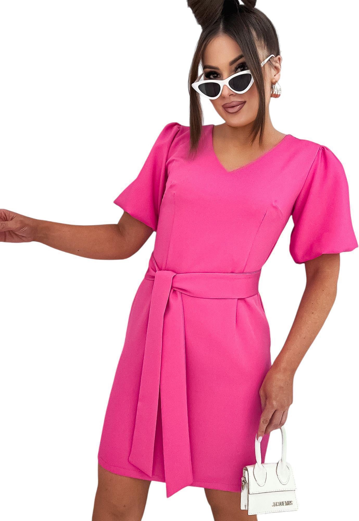 EloModa Midikleid Elegantes Damenkleid mit Gürtel und Puffärmeln Mittellang günstig online kaufen