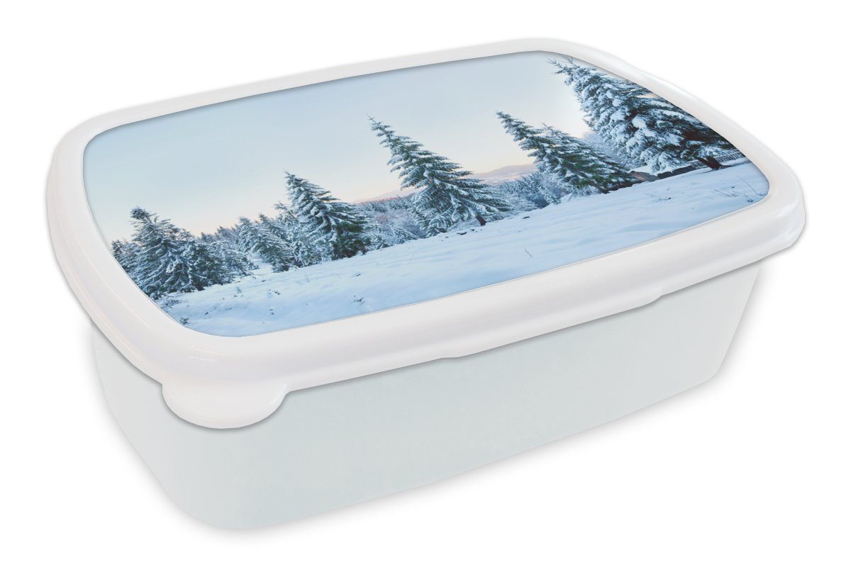 MuchoWow Lunchbox Winter - Schnee - Bäume, Kunststoff, (2-tlg), Brotbox für Kinder und Erwachsene, Brotdose, für Jungs und Mädchen weiß