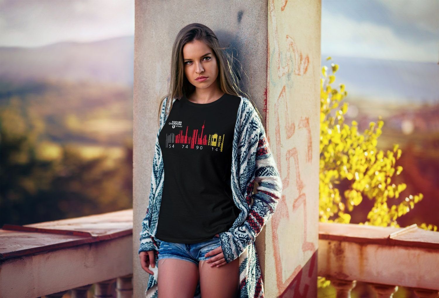 MoonWorks Print-Shirt Damen T-Shirt Deutschland WM Flagge Barcode Skyline Berlin Fan Shirt Moonworks® mit Print