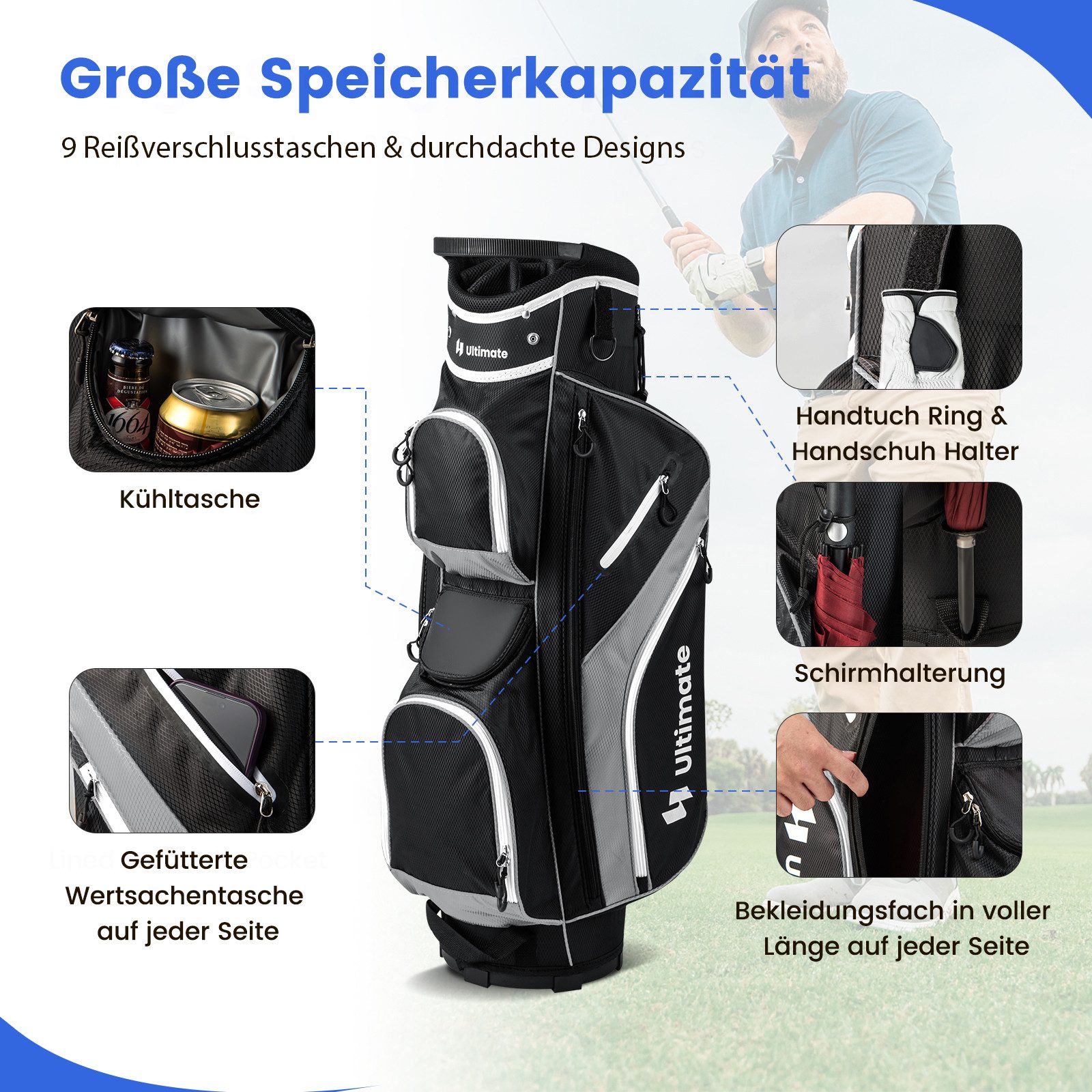 COSTWAY Golfballtasche, Golfschlägertasche mit 14 Fächern & Regenschutz