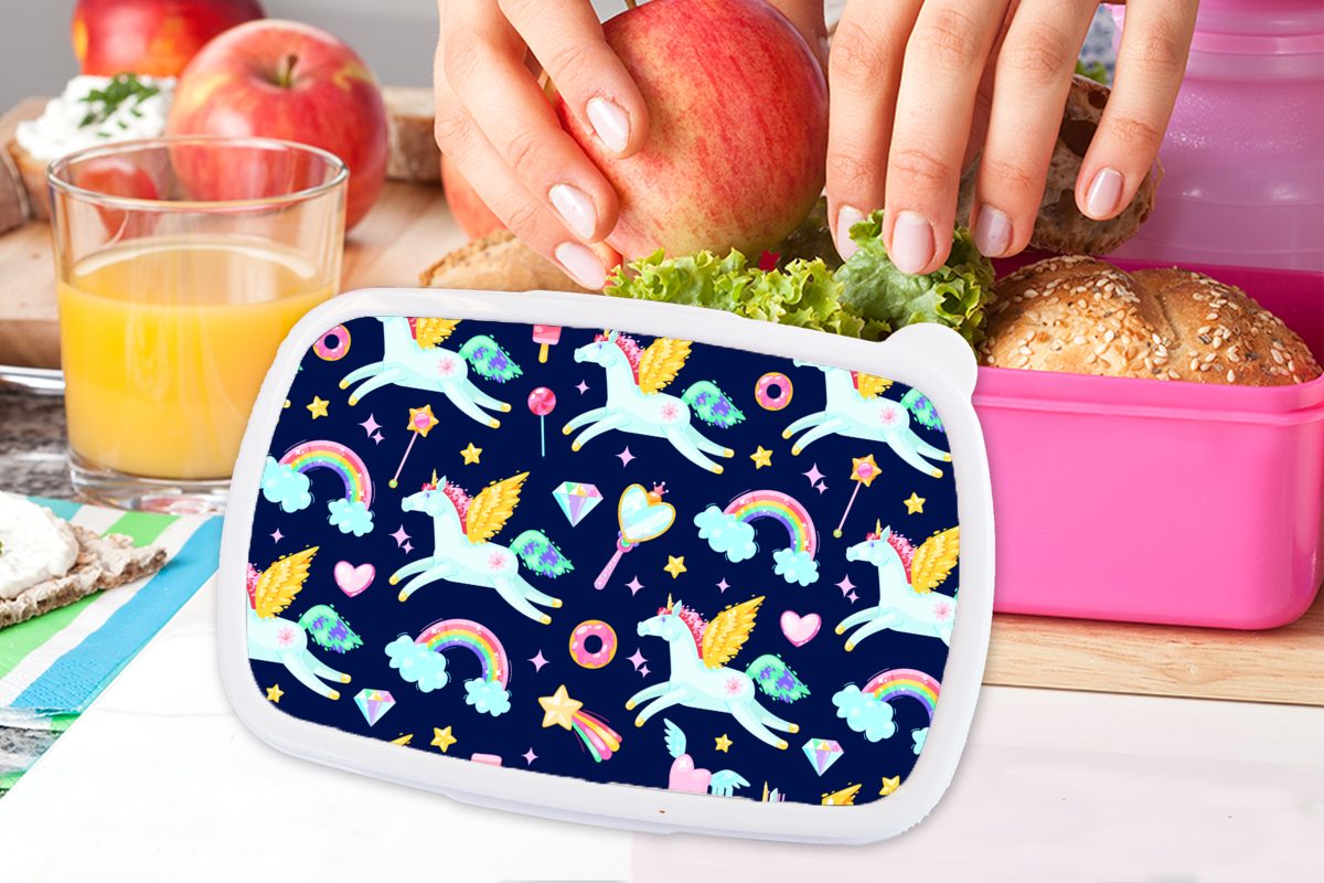 MuchoWow Lunchbox Einhorn - - Diamant (2-tlg), Kunststoff Brotdose für Snackbox, - Regenbogen Mädchen, Kunststoff, Muster, Brotbox Kinder, Erwachsene, rosa