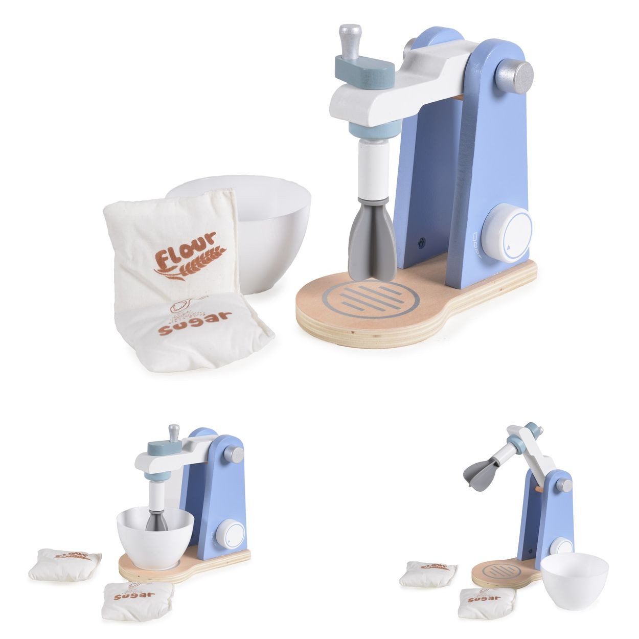 Moni Kinder-Rührgerät 4342, Mixer, Holz, abnehmbare Rührschüssel, Mehl- und Zuckerbeutel