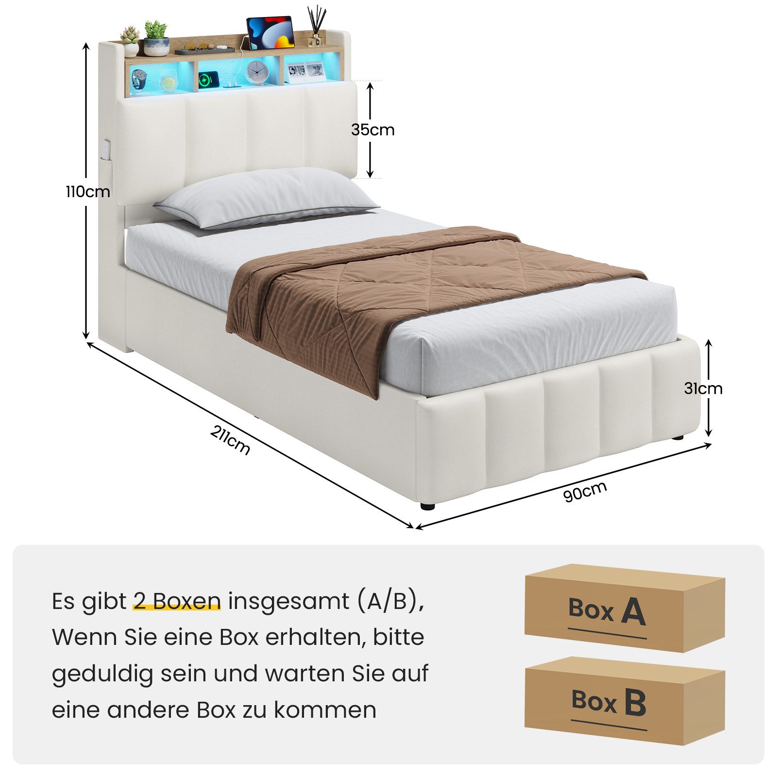 KIMENICH Polsterbett mit LED Beleuchtung und Ladefunktion (1-tlg., Ohne Matratze), Jugendbett Hydraulisches Stauraumbett, 90x200 cm