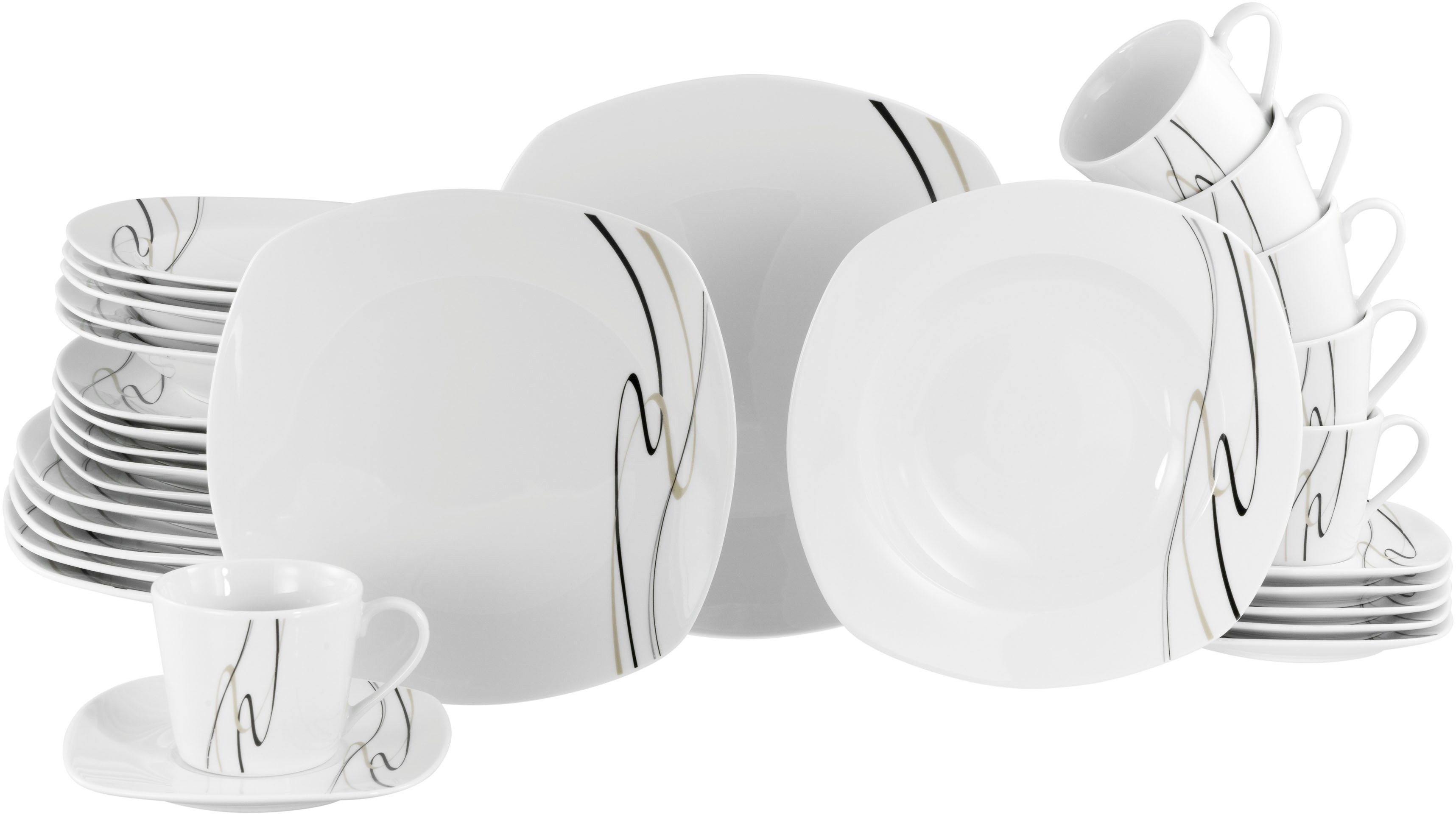 CreaTable Kombiservice Amelie Piazza, Kombi-Service 30-tlg (30-tlg), 6 Personen, Porzellan, Elegant, Schwungvoller Liniendekor