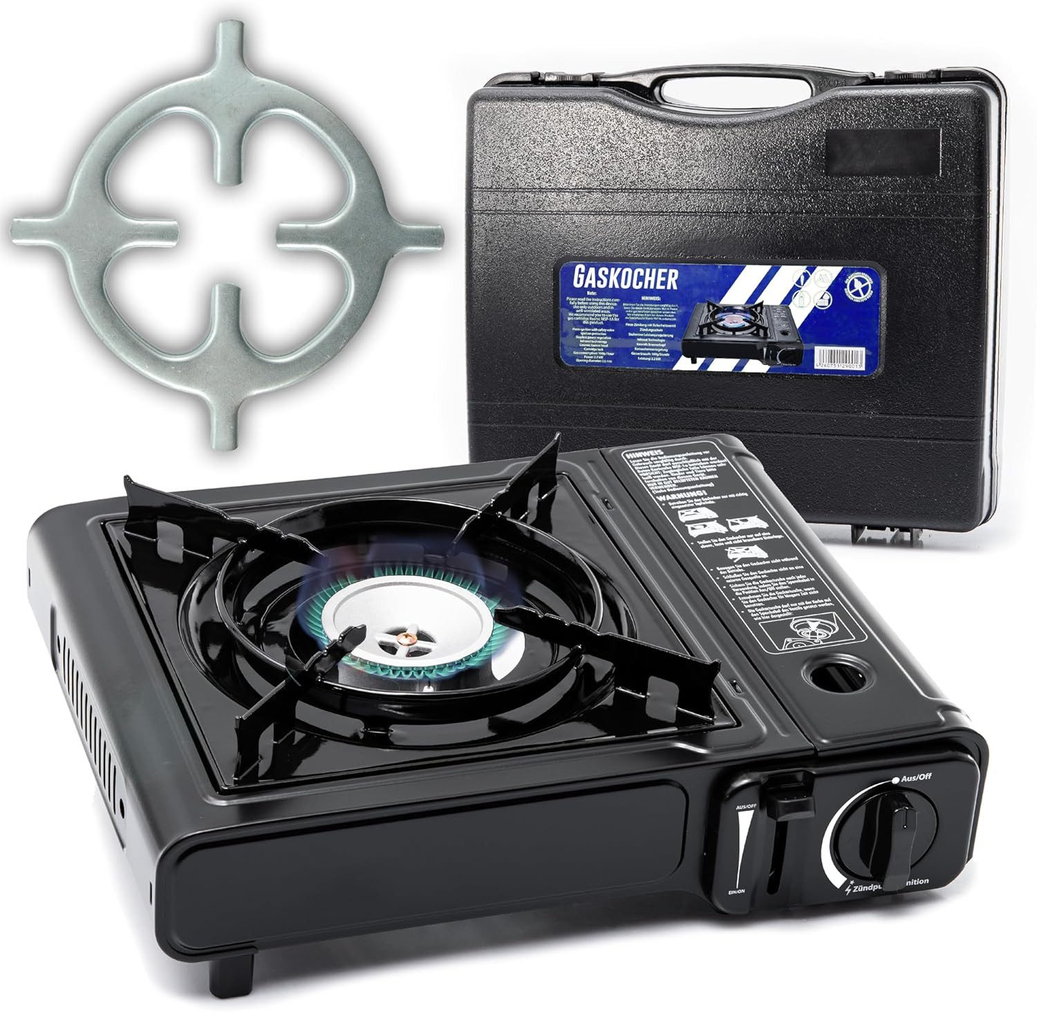 TruWare Gaskocher Campingkocher für Gasflaschen, (Leistungsstarkes, tragbares & robustes Gaskocherset, mit Kartuschen, Grillplatte und Kocherkreuz), Perfekt für Outdoor-Kochen und den täglichen Gebrauch