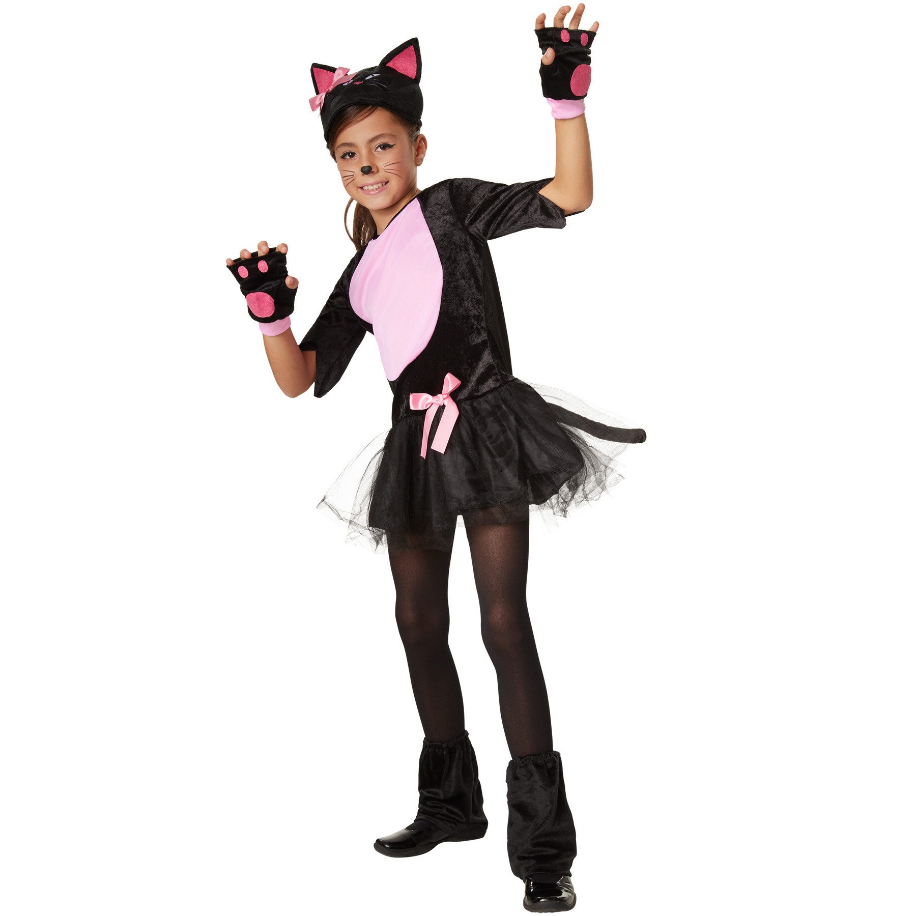 dressforfun Kostüm Mädchenkostüm Pinkes Samtpfötchen, Katzenkostüm aus schwarzem Plüsch mit rosafarbenen Akzenten