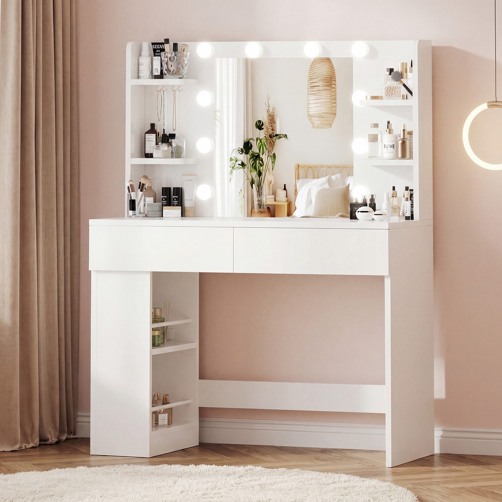 HOMALL Schminktisch Mit dreifarbiger LED-Beleuchtung, Helligkeit einstellbar (Länge × Breite × Höhe) 90 × 40 × 137 cm, mit Steckdose und 2 USB-Anschlüssen, seitliche Schränke links und rechts austauschbar, 8 offene Ablagefächer, 2 Schubladen, 4 Schmuckhaken)