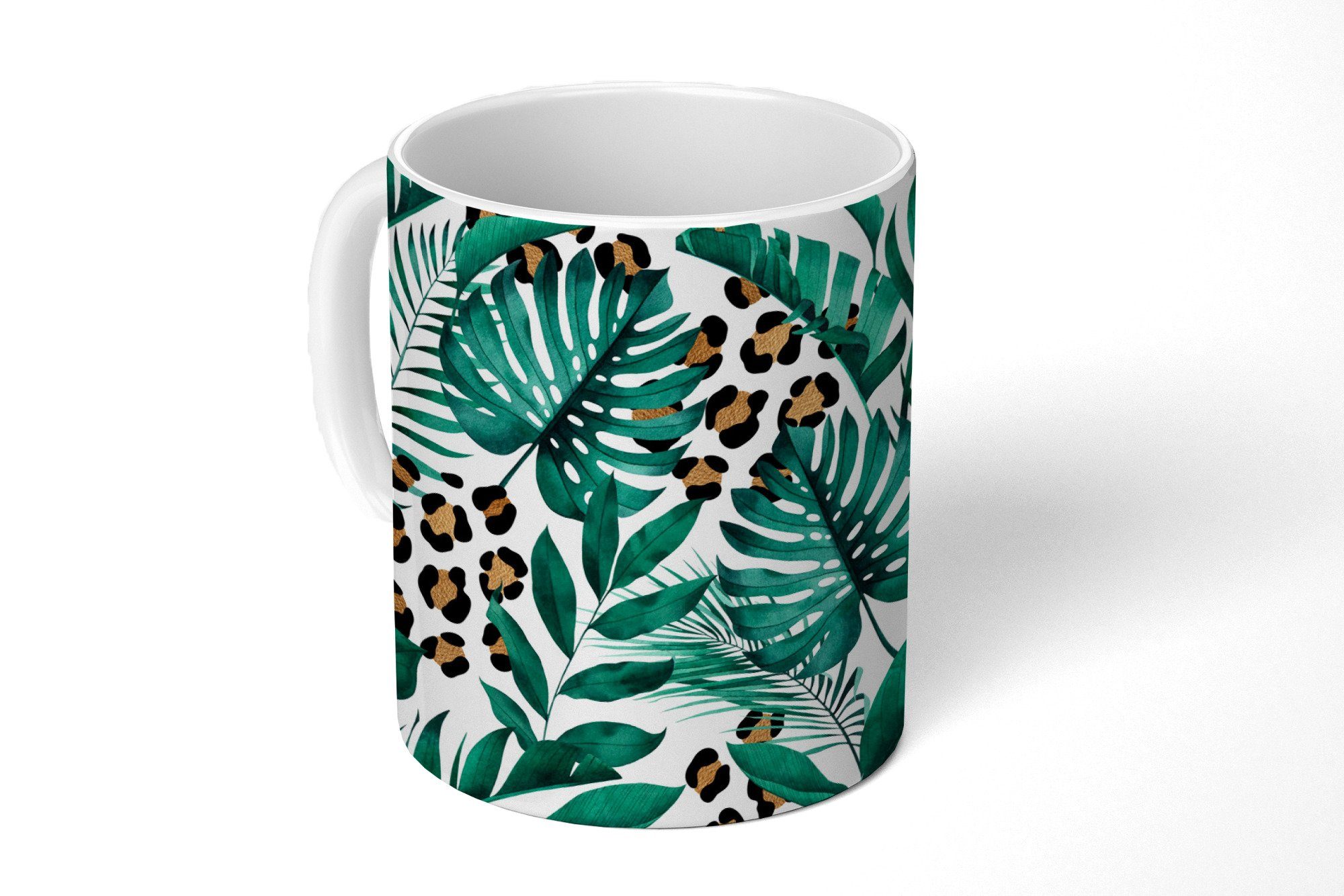 Kaffeetassen, - Teetasse, MuchoWow Tasse Grün, Teetasse, Palmenblatt Pantherdruck Keramik, Becher, Geschenk -