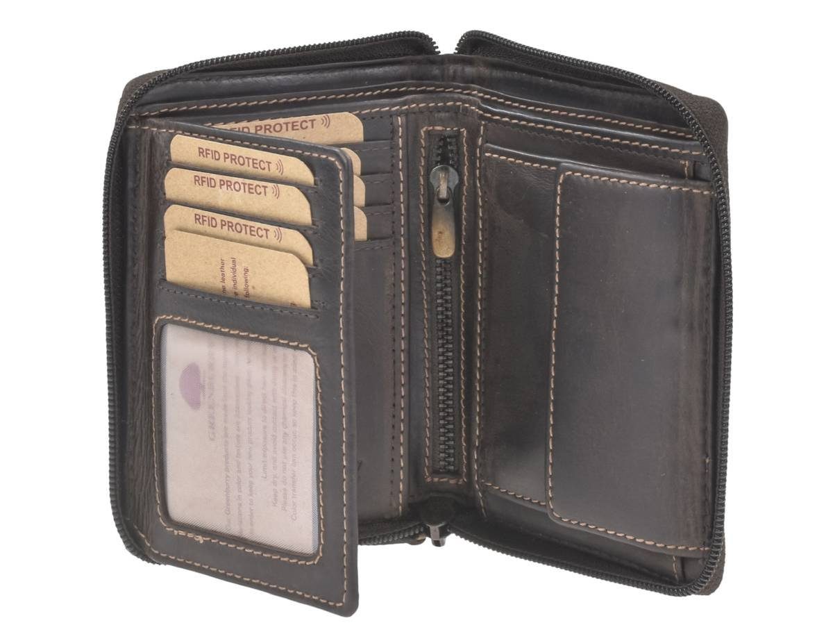 Geldbörse 7 Portemonnaie, Tornado, braun Reißverschlussbörse, Greenburry Kartenfächer teak RFID-Schutz,