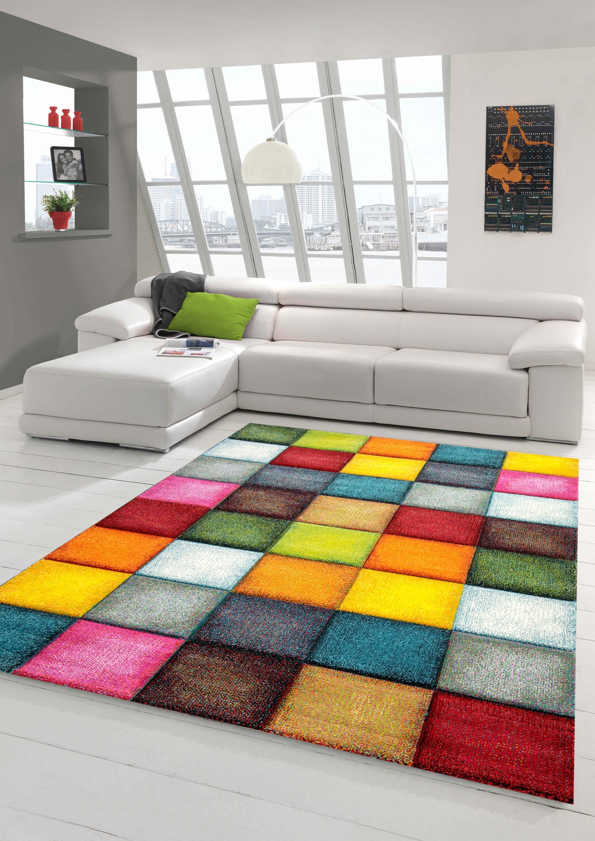 Teppich Teppich modern Teppich Wohnzimmer Karo Design Multifarben, Teppich-Traum,  rechteckig, Höhe: 13 mm | Kurzflor-Teppiche
