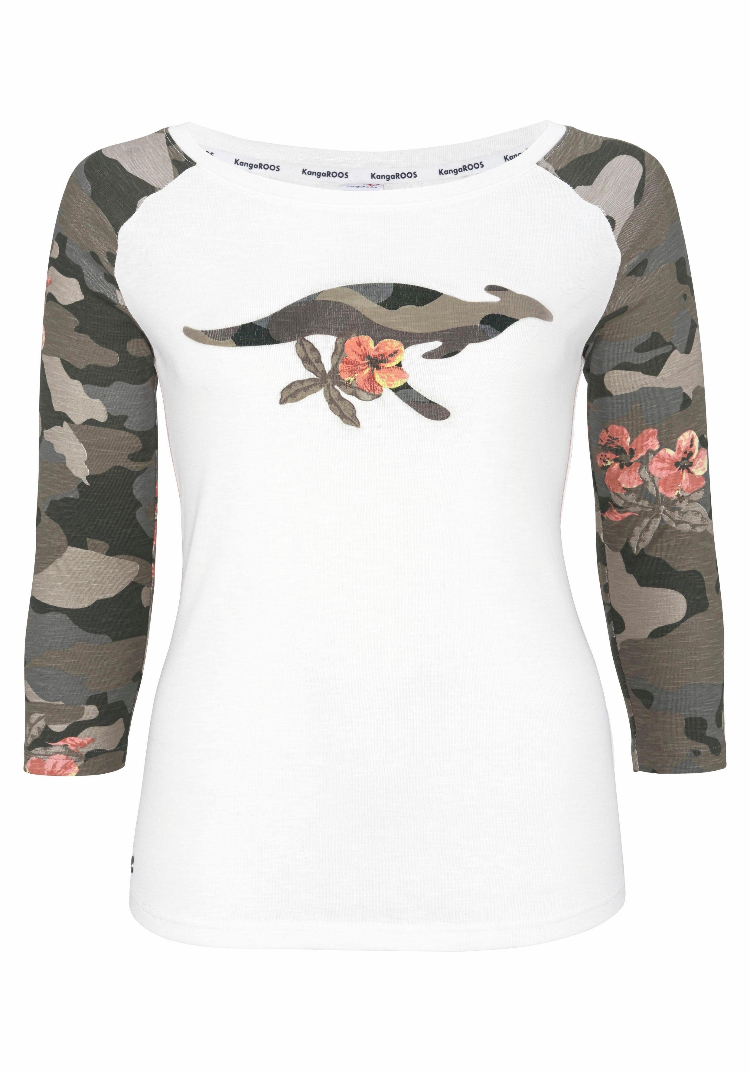 KangaROOS mit Camouflage-Ärmeln 3/4-Arm-Shirt tarnfarbenen Front-Print und offwhite-tarnfarben