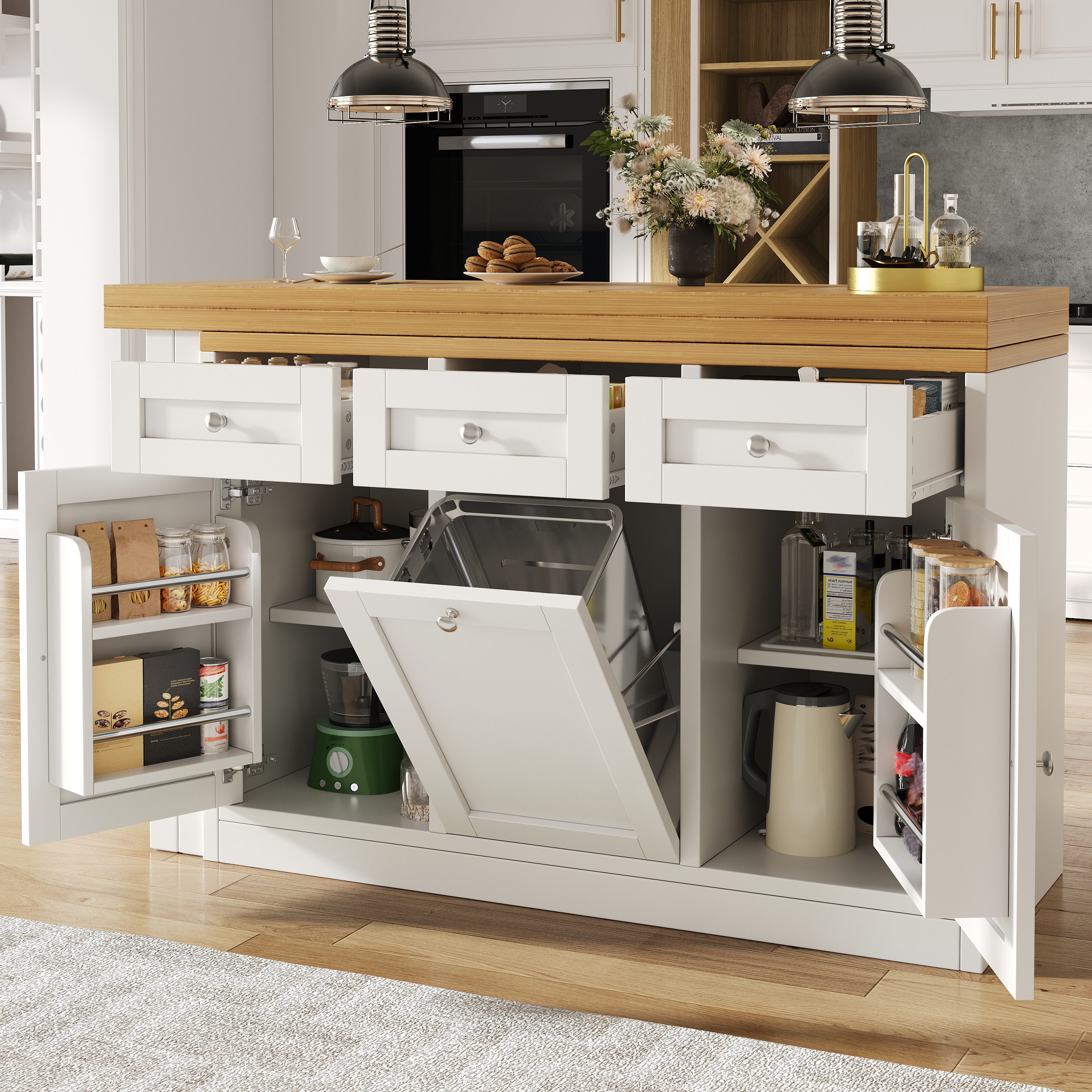 Flieks Kücheninsel Küchenschrank mit 360° drehbarer und klappbarer Arbeitstisch, (Holzoptik Tischplatte Tiefe 40-80cm, Längenverstellbar 120-200cm), ausziehbarer Esstisch & Mehrzweckschrank mit Mülleimerhalter Weiß