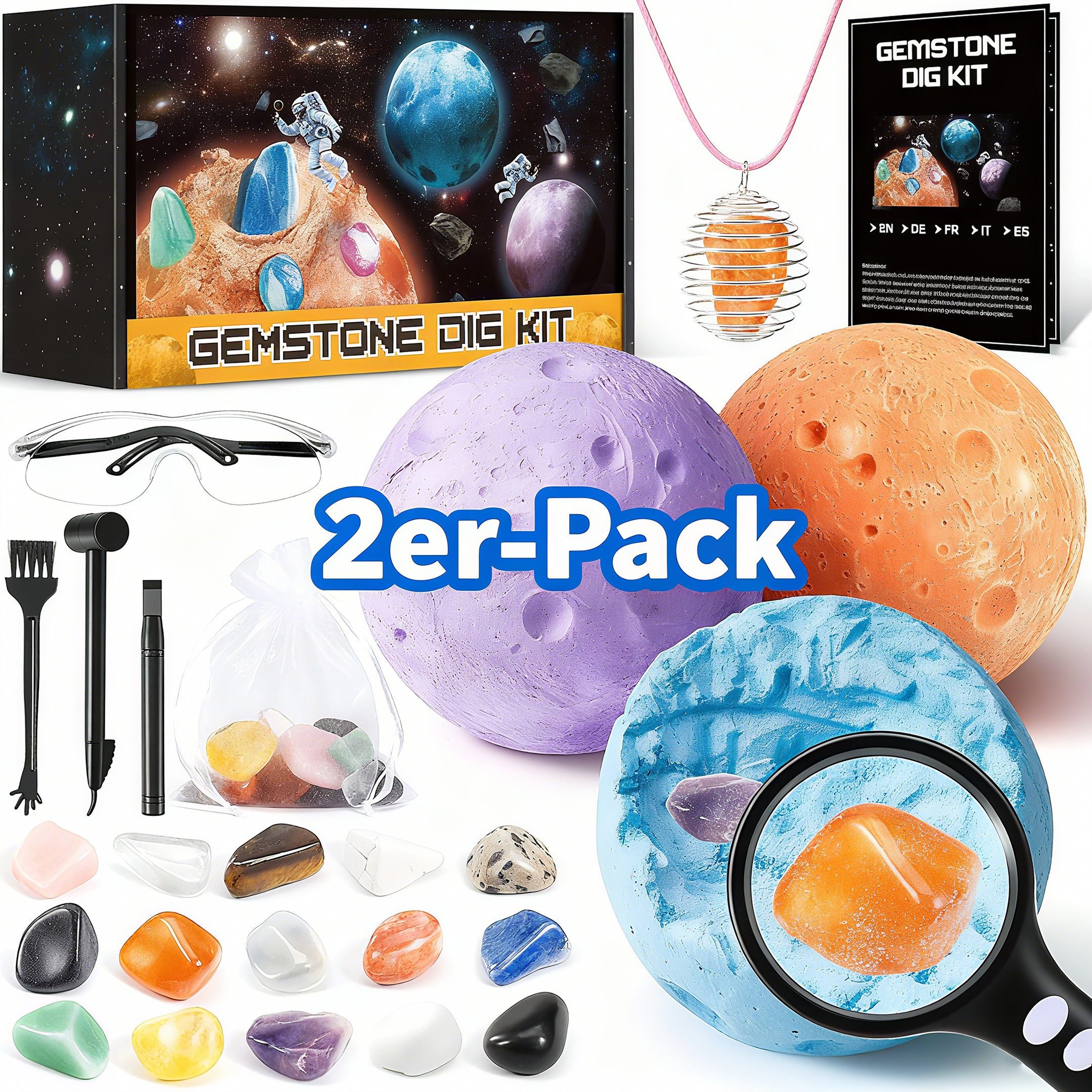 POPOLIC Experimentierkasten Edelsteine für Kinder - Ausgrabungsset für Kinder ab 6 7 8 9 10 Jahre, (2-tlg., 15 Natürliche Edelsteine und Kristalle, Experimente für ab 6), Mond Schatzsuche Игрушки, Geschenk für Jungen Mädchen