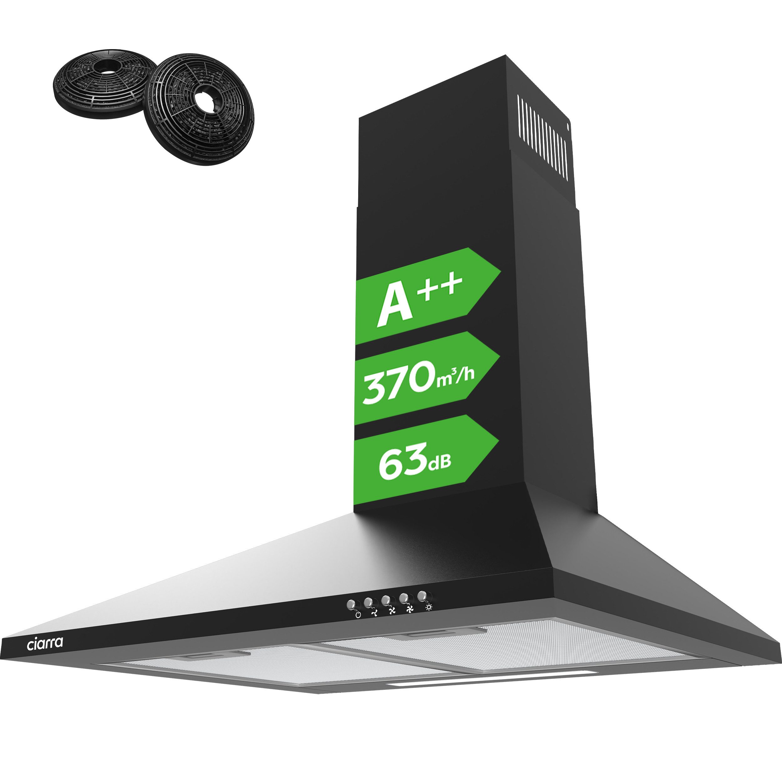 CIARRA Wandhaube A++ 370 m³/h Dunstabzugshaube 60 cm & 90 cm Umluft & Abluft 3 Stufen Serie CBCB6201 CBCS6201-FBM CBCS9201 CBCB9201 A++ 370 m³/h Dunstabzugshaube 60 cm & 90 cm Umluft & Abluft 3 Stufen, leise Pyramidenhaube mit Kohlefilter, Aluminumfilter, LED-Beleuchtung