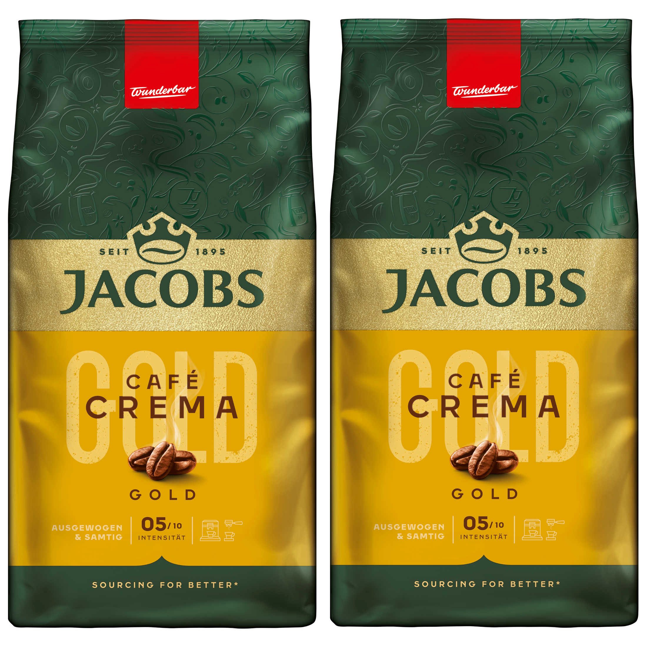 JACOBS Kaffee Kaffeebohnen Expertenröstung Café Crema Gold ganze Bohnen 2 x 1 kg, (Packung, 2er Pack)