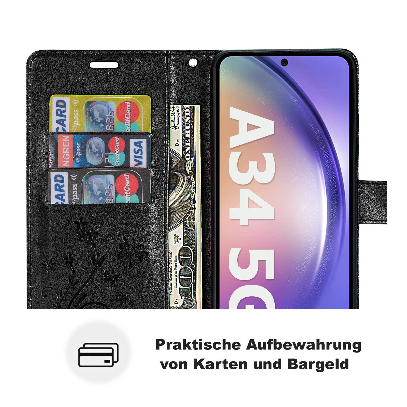 betterfon Handyhülle Handytasche für Samsung Galaxy A34 5G Klapphülle, Bookstyle-Hülle: Magnetverschluss 3 Kartenfächer & Standfunktion – Bild 4 von 5