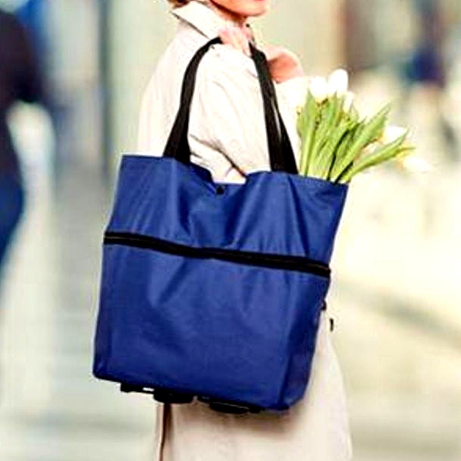 HAC24 Einkaufstrolley 2in1 Einkaufstasche und Einkaufsroller Trolley Tragetasche, 26 l, Blau mit Einklappbare Räder mit Standfüße
