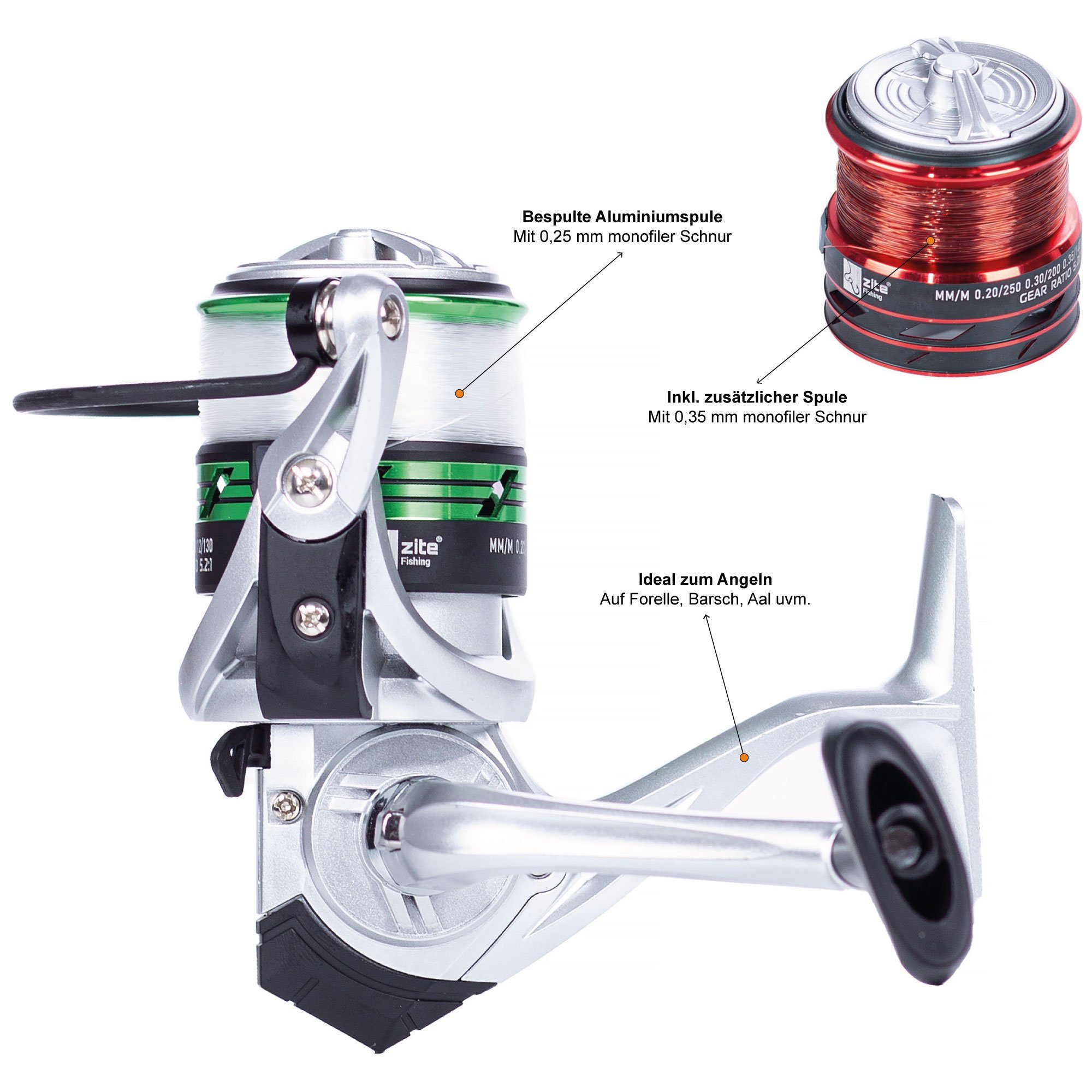 Forellenrolle Stationärrolle Angelrolle 3BB mit 3000 bespult) 2 - Zite Aluminiumspulen