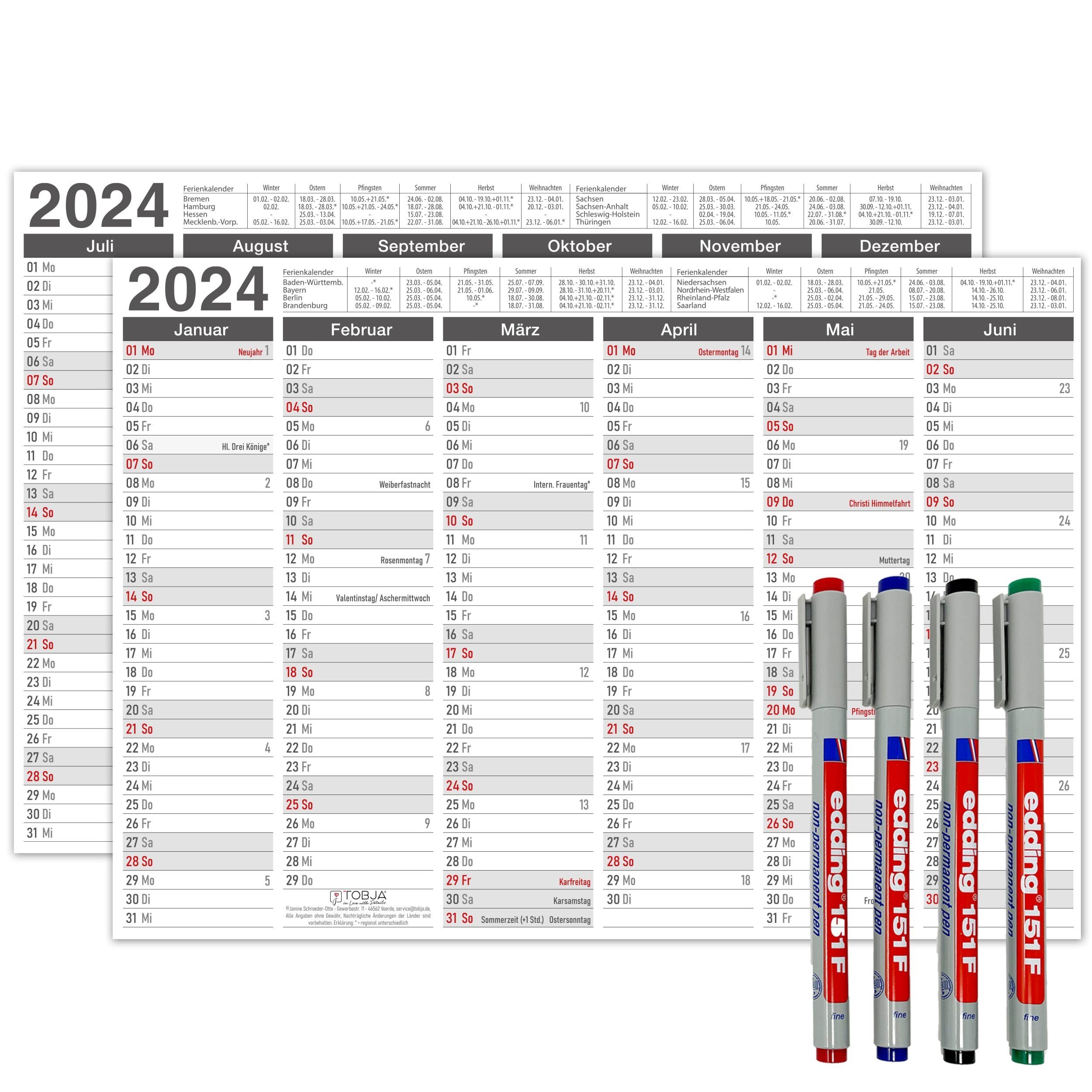 TOBJA Wandkalender A4 abwischbar Tafelkalender GRAU + 4 Stifte "Folie" Jahreskalender, Wandkalender 2024 Jahreskalender inkl. 4 Stifte