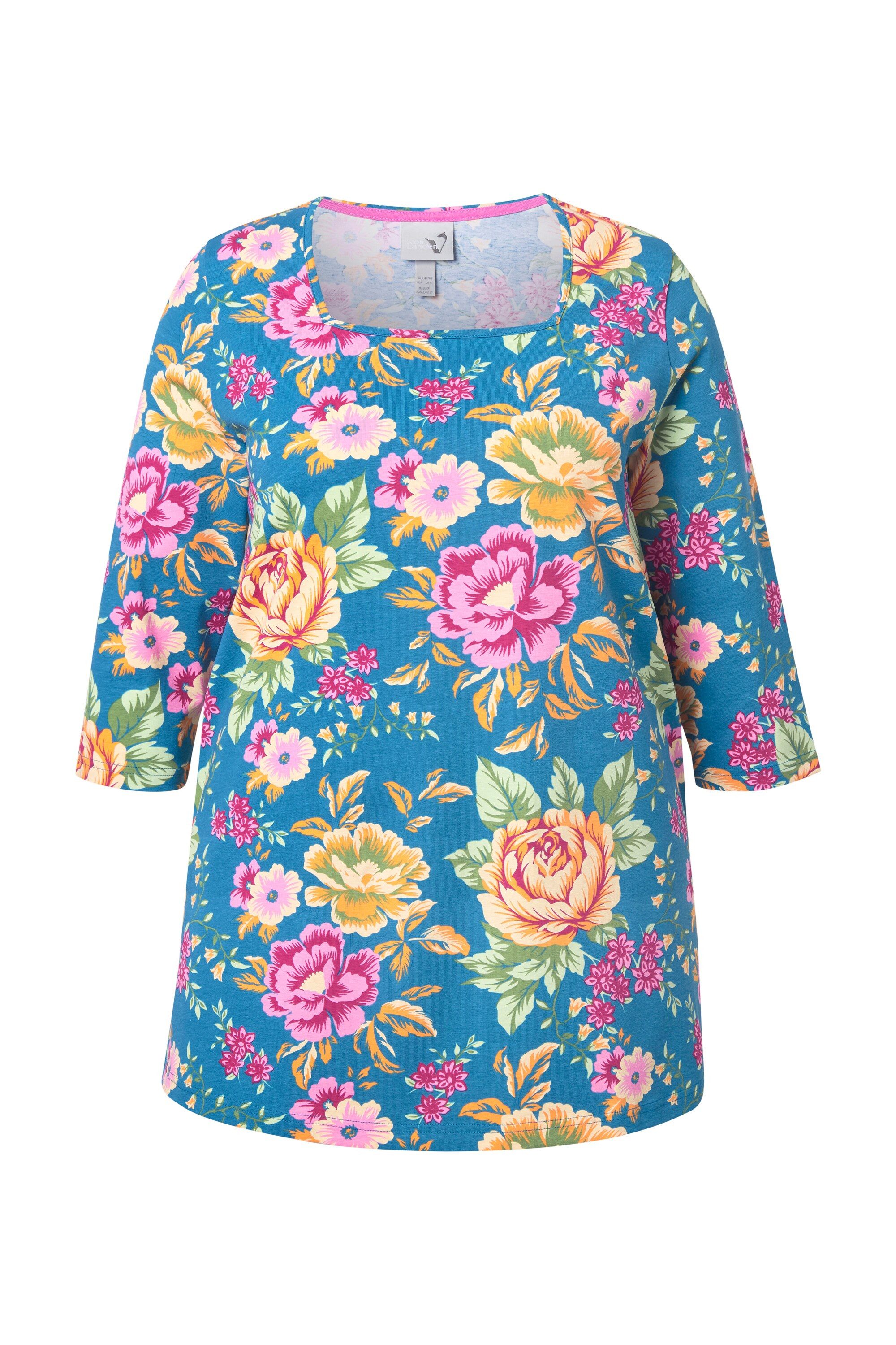 Ulla Popken T-Shirt Shirt Blüten Classic Carré-Ausschnitt 3/4-Arm günstig online kaufen