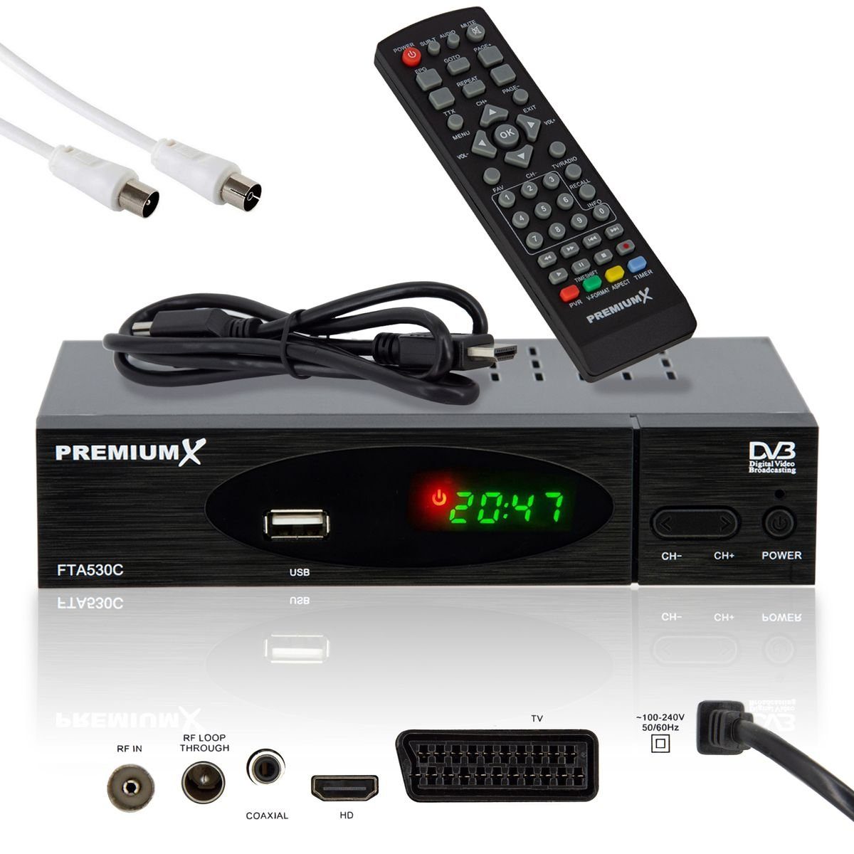 PremiumX Kabelreceiver DVB-C FTA 530C Digital FullHD TV Auto Installation  USB Mediaplayer SCART HDMI inkl. Antennenkabel Kabel-Receiver