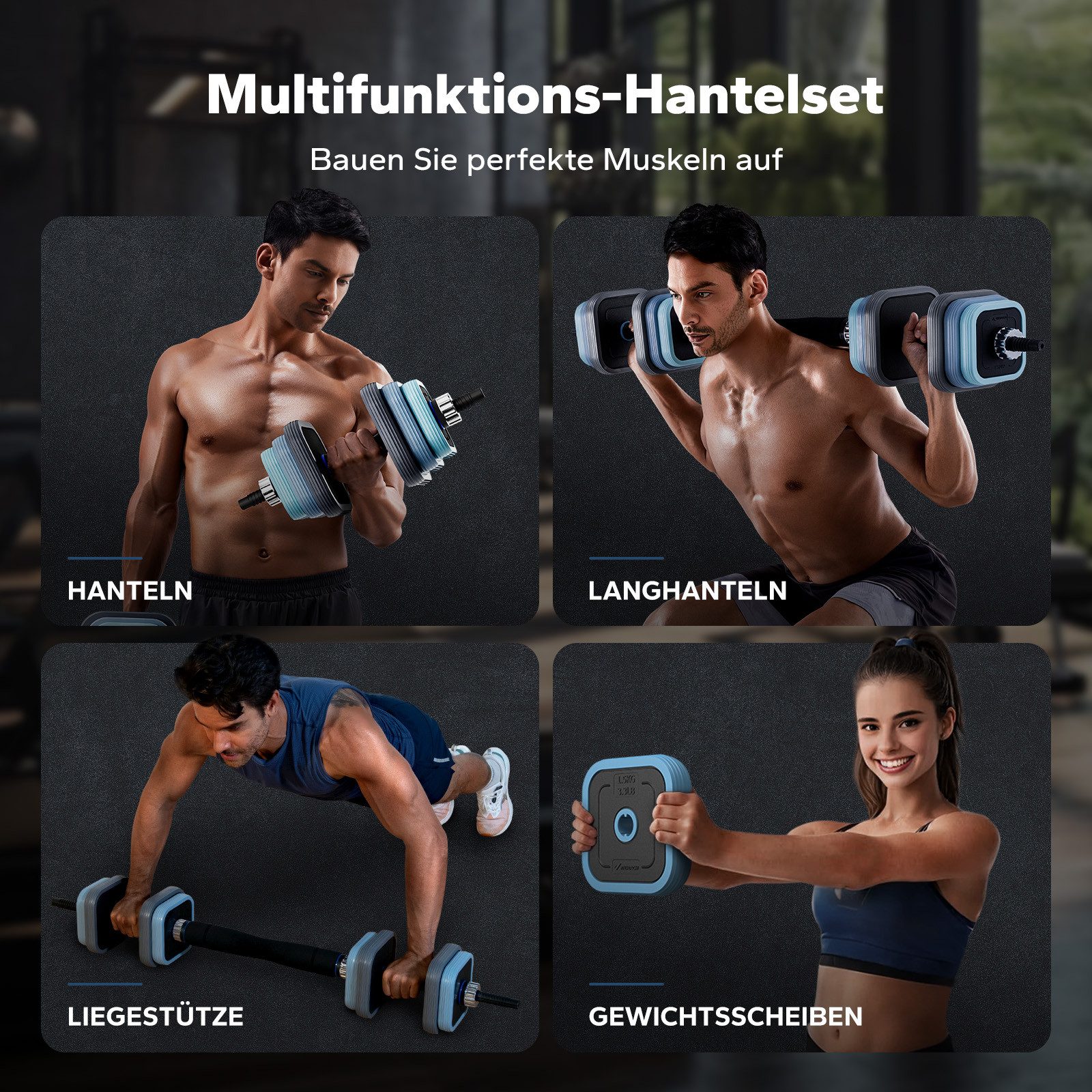 MERACH Langhantel Hantel-Set, Verstellbare Hanteln, Langhantel 2er Kurzhantel, (3-in-1 Hantelset für Krafttraining, Multifunktionalität, stabil, platzsparend, rutschfeste Griffe, einfache Montage, für zuhause), quadratische Form, verstellbare Gewichte, Liegestütz und Muskelaufbau