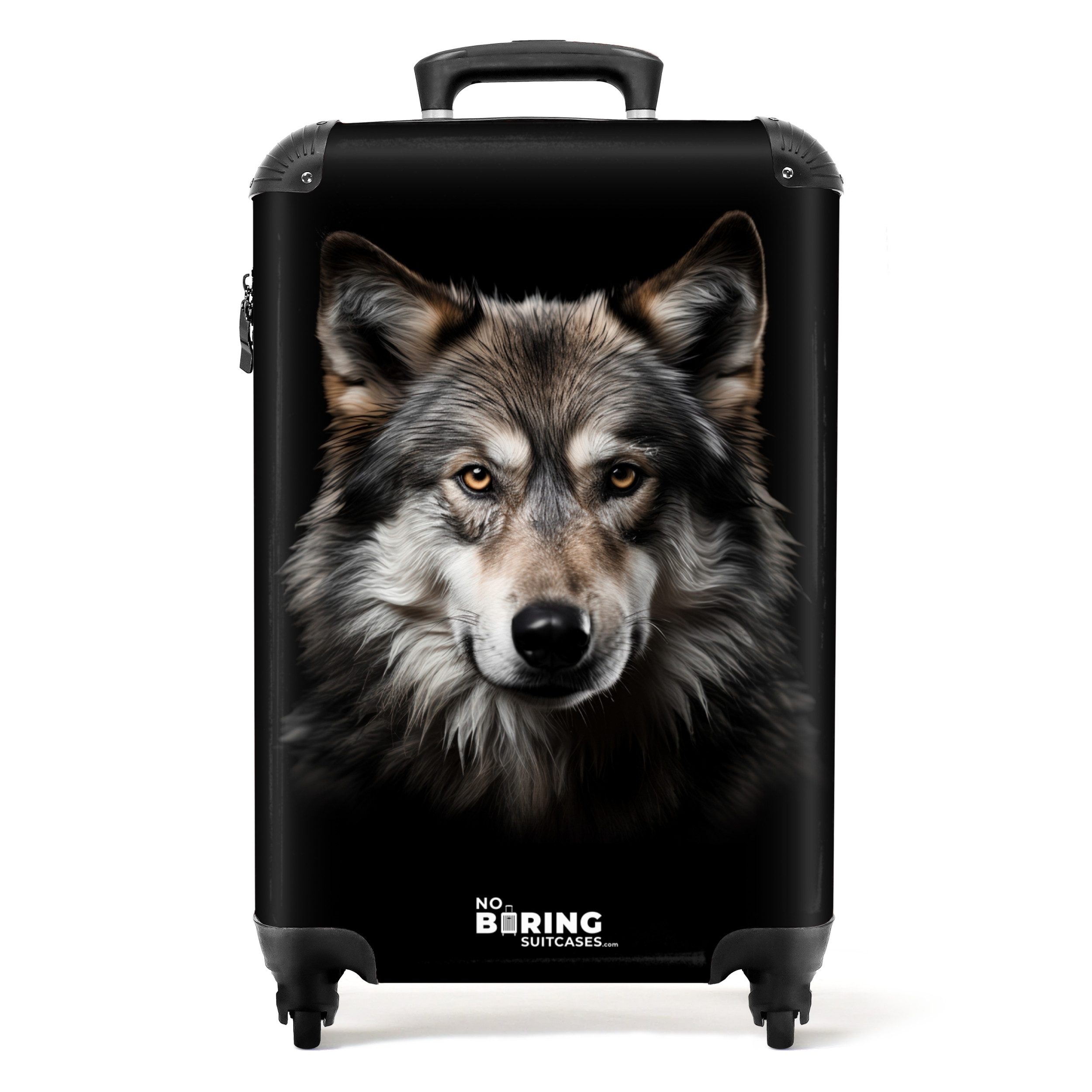 NoBoringSuitcases.com© Hartschalen-Trolley Wolfsporträt vor schwarzem Hinte günstig online kaufen