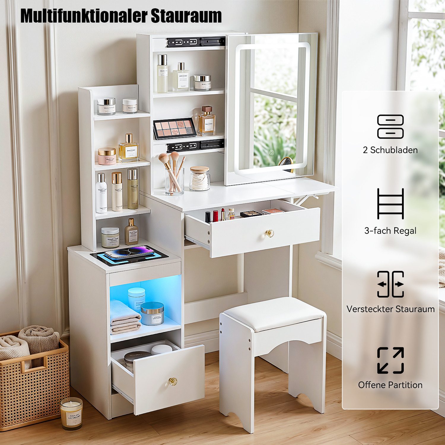 oyajia Schminktisch mit LED-Spiegel, 2 Schubladen & 4 offenen Fächern, 80x35x135 cm (Kosmetiktisch mit kabellose Ladestation, RGB LED Beleuchtung und Hocker), Weiß Schminktisch Klein Modern für das Schlafzimmer