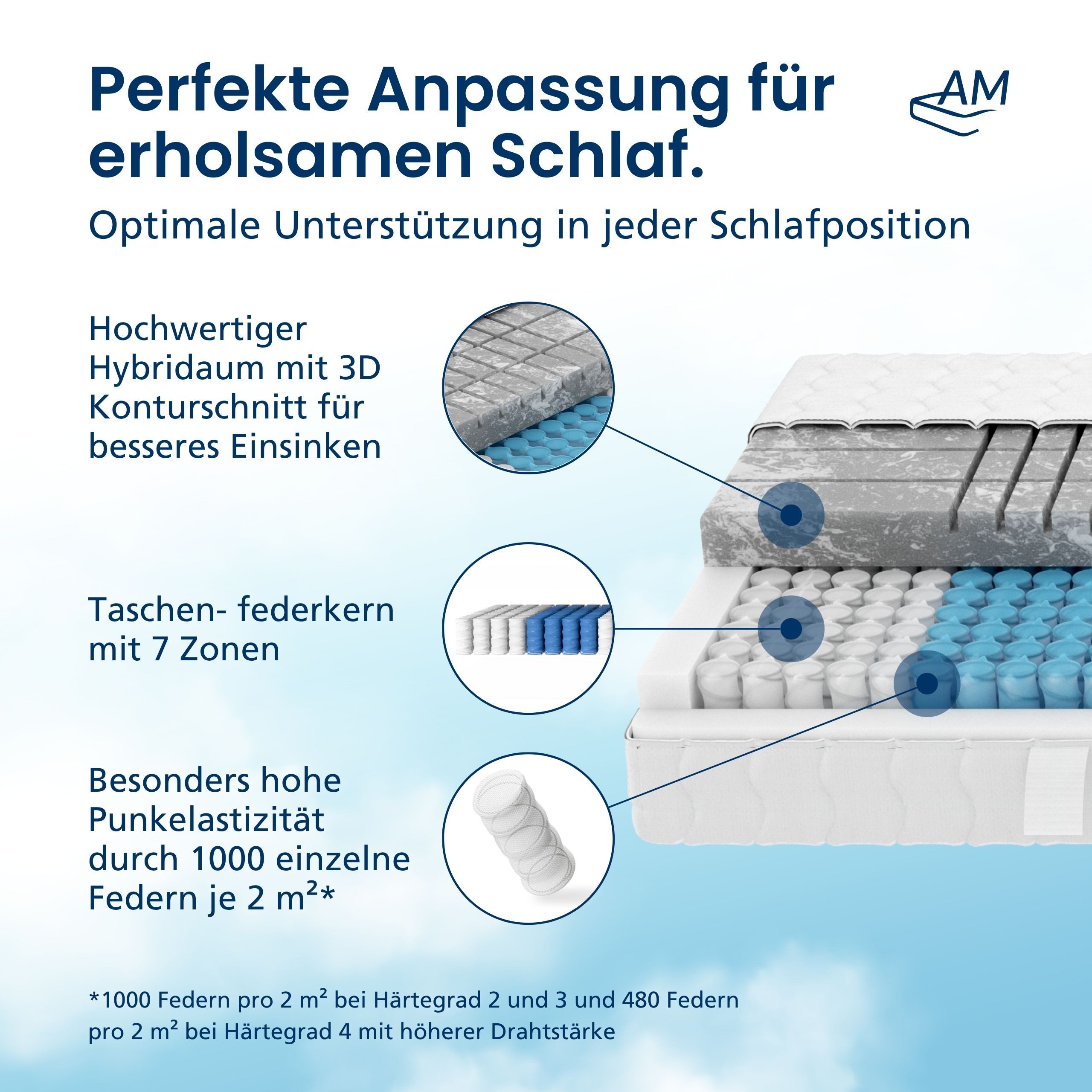 Taschenfederkernmatratze Deluxe 7-Zonen Federkernmatratze mit 3D Kaltschaum, Optimale Anpassung, AM Qualitätsmatratzen, 24 cm hoch, 80x200 cm