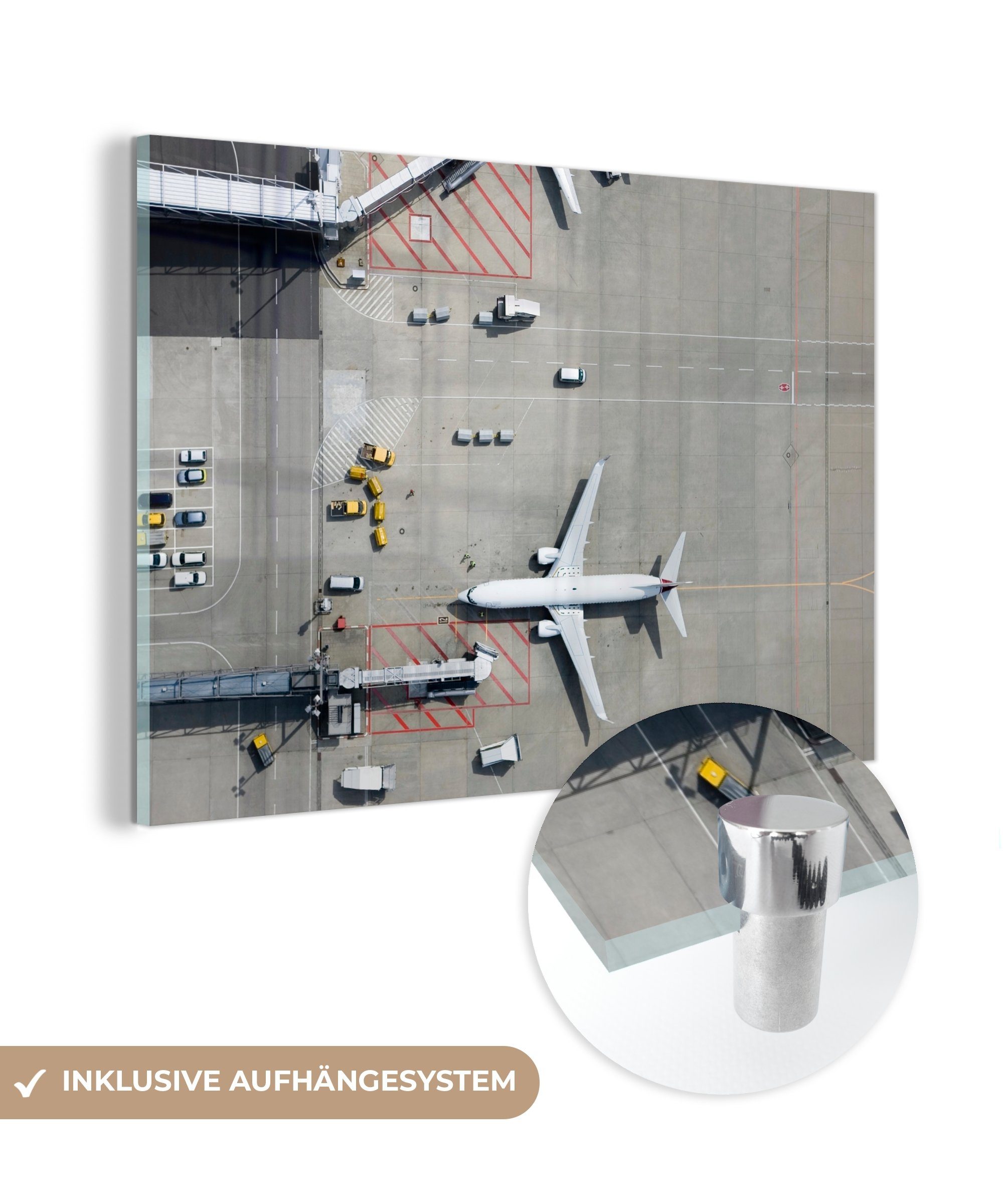 MuchoWow Acrylglasbild Draufsicht auf ein Flugzeug auf dem Flughafen., (1 St), Acrylglasbilder Wohnzimmer & Schlafzimmer