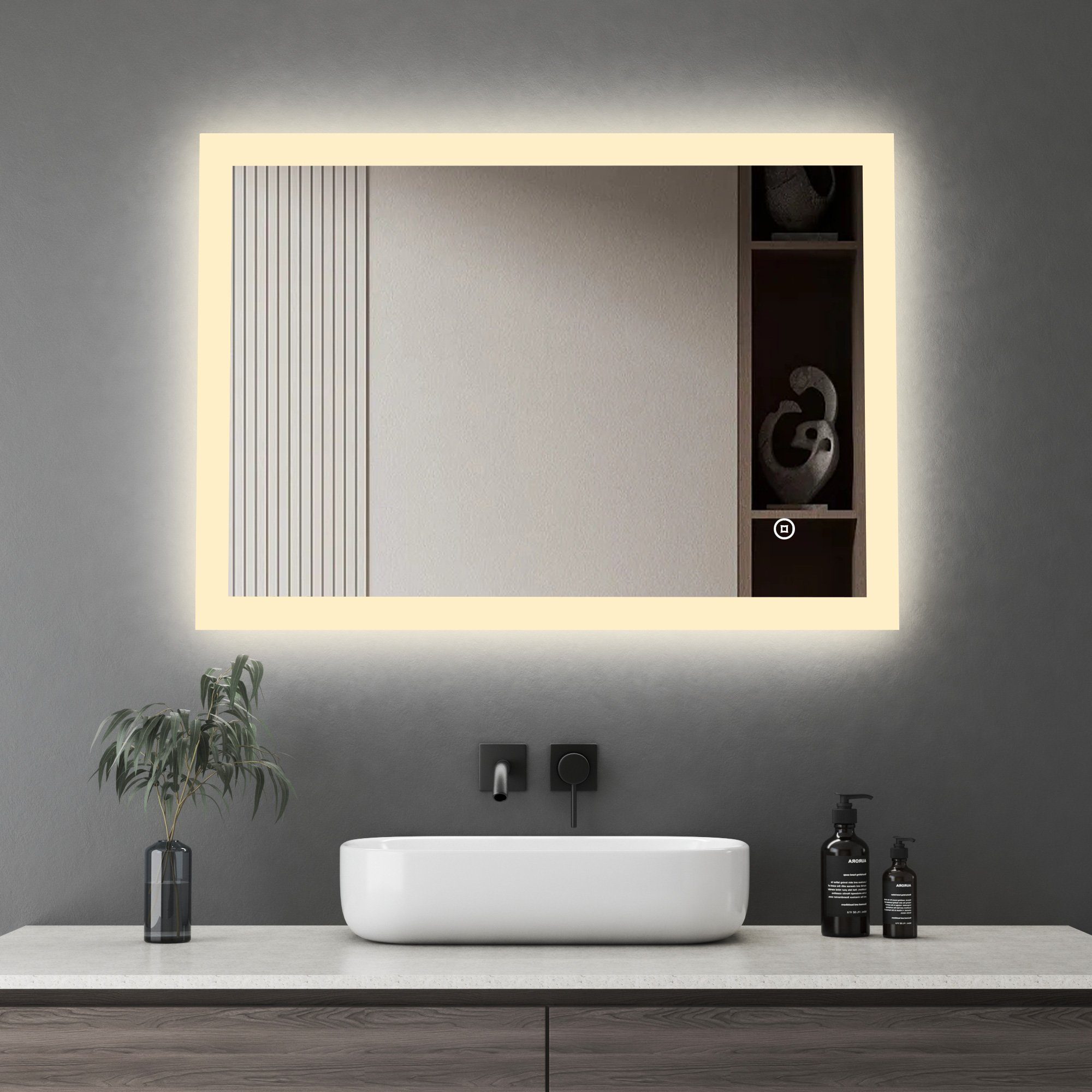WDWRITTI Badspiegel Spiegel Bad mit beleuchtung 80x60 Led Touch Wandschalter mit ohne Uhr (Wandspiegel Speicherfunktion, Warmweiß, Kaltweiß, Neutral), Helligkeit Dimmbar