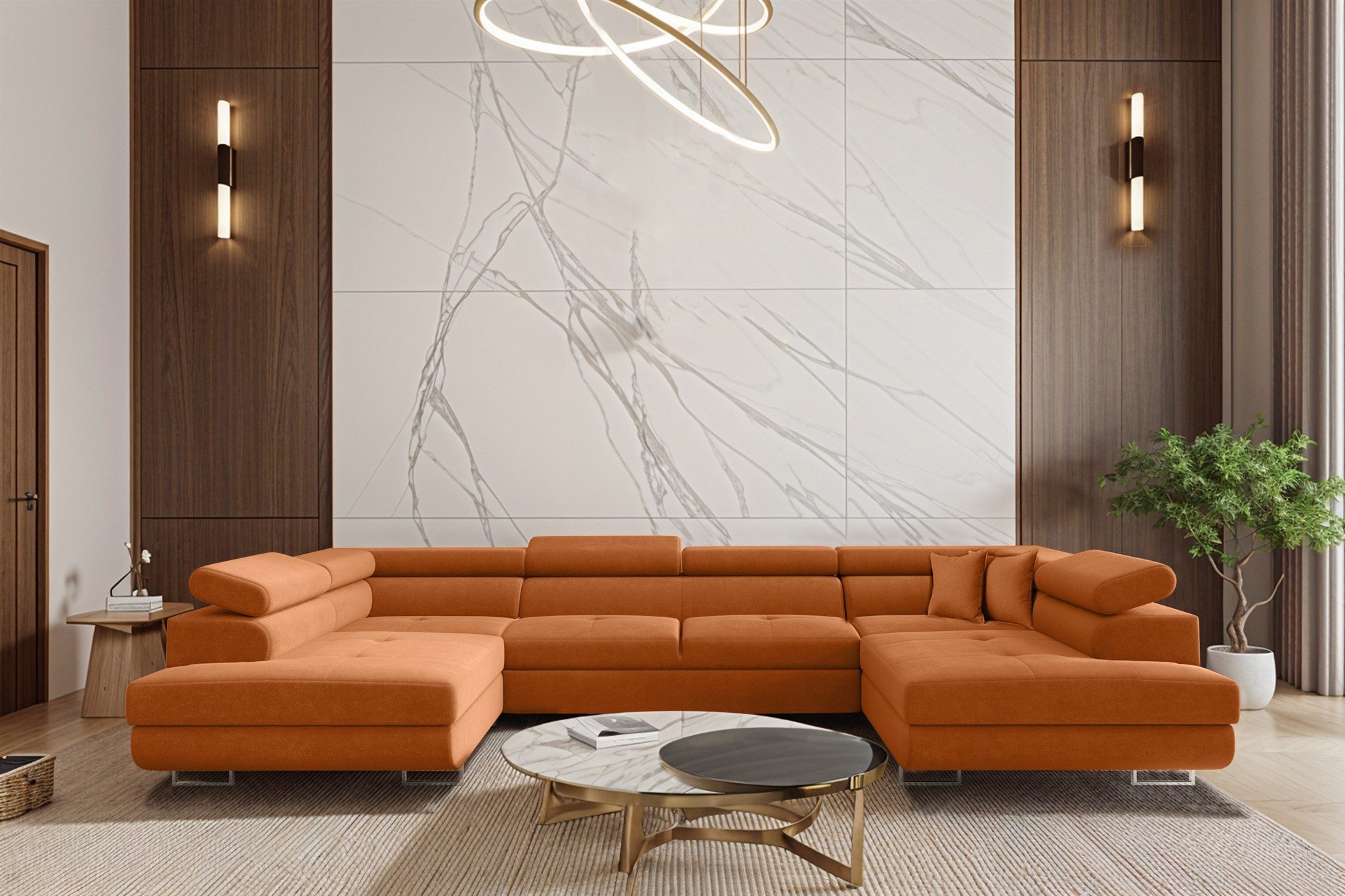Fun Möbel Wohnlandschaft FUN ALEXIS Sofa in U-Form mit Schlaffunktion Velourstoff Nova, Rücken echt bezogen