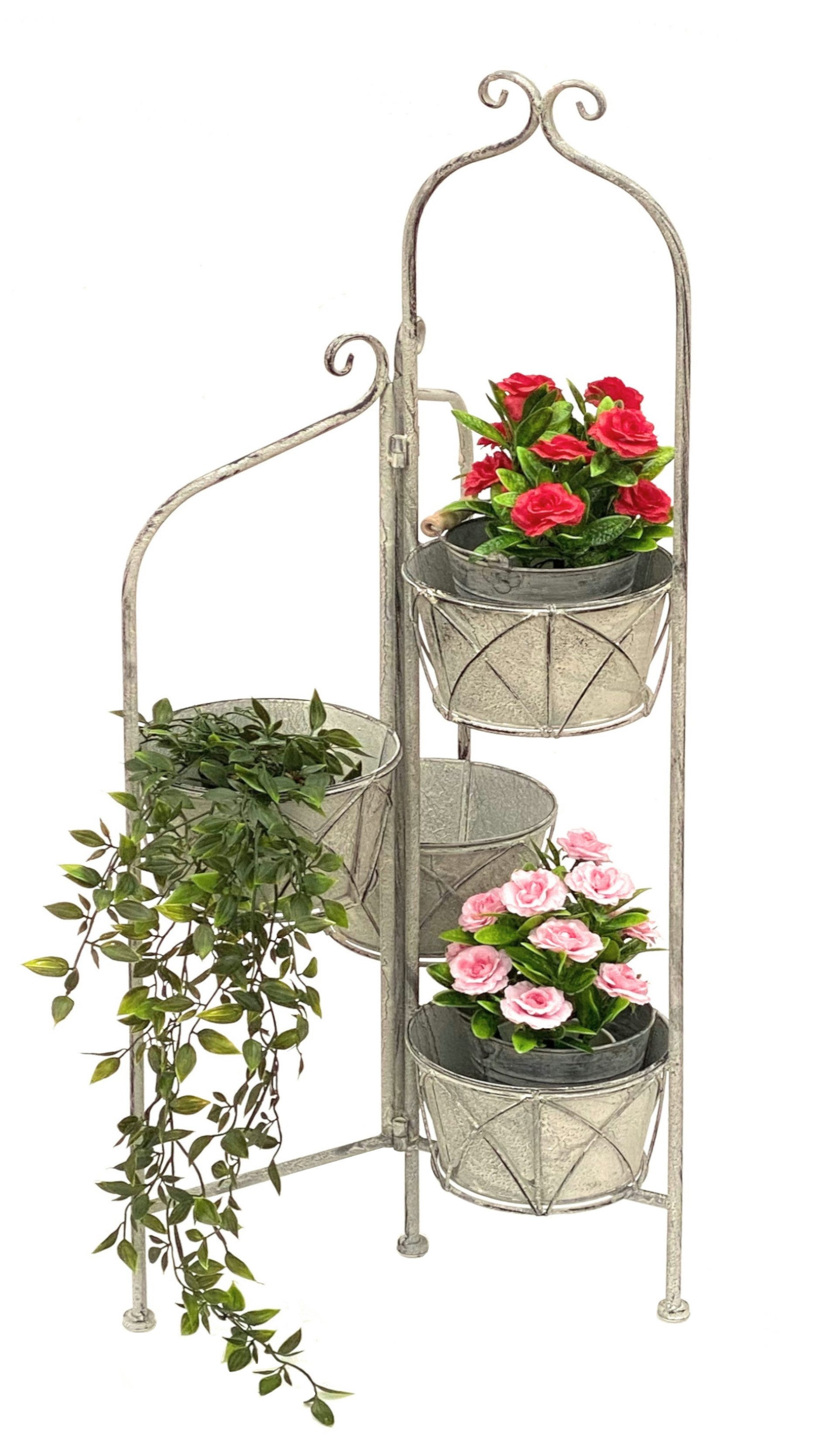 DanDiBo Pflanzentreppe Blumentreppe Innen Metall Weiß Grau 100 cm Blumenständer mit 4 Töpfe, 96128 Blumenständer Blumensäule Pflanzenständer Balkon Vintage