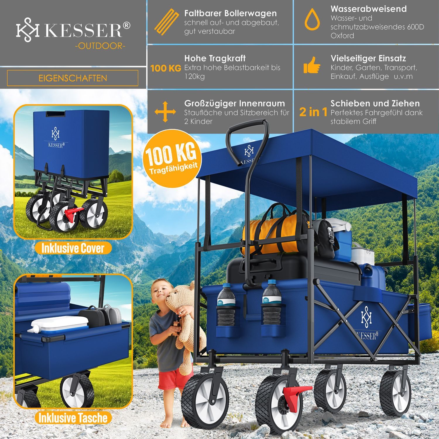 KESSER Bollerwagen, Bollerwagen faltbar mit Dach Handwagen Transportkarre Geräte