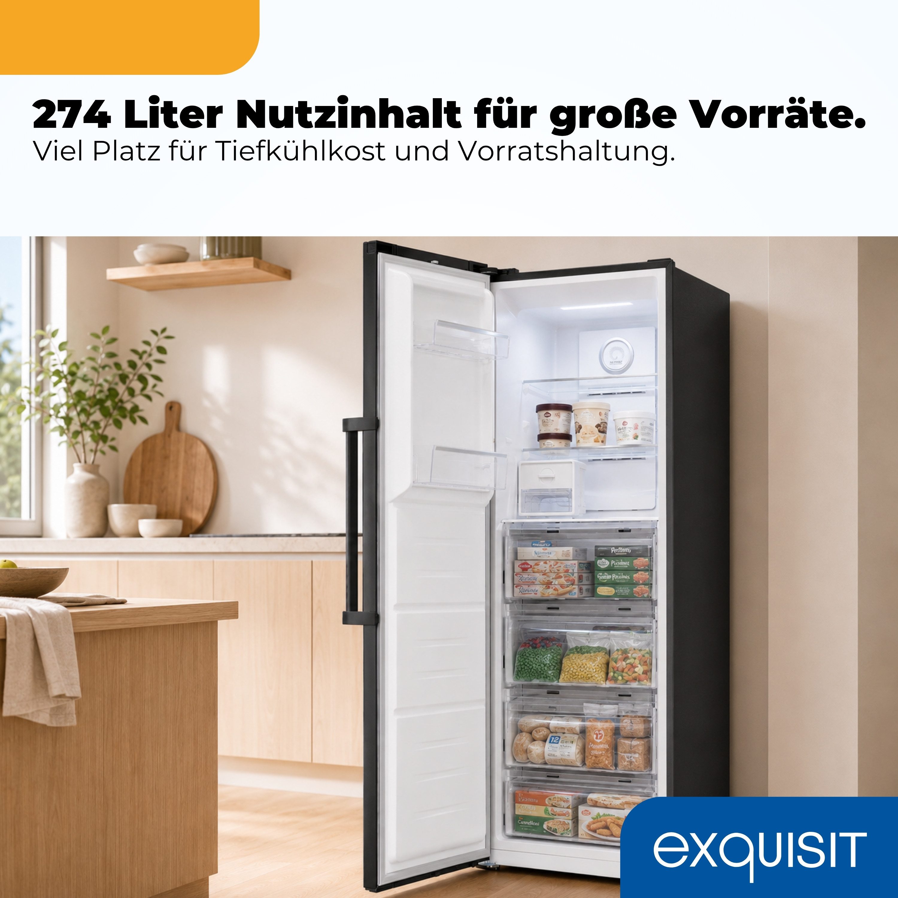 exquisit Gefrierschrank GS5295-NF-H-040C, 185 cm hoch, 60 cm breit, 274 l Nutzinhalt, 17,0 kg, 3 Gefrierschubladen, Energieklasse C – Bild 5 von 5