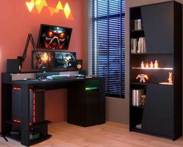 Parisot Jugendzimmer-Set Gaming, (in matt schwarz, 2-St., mit Gaming Schreibtisch und Schrank), inklusive LED Beleuchtung