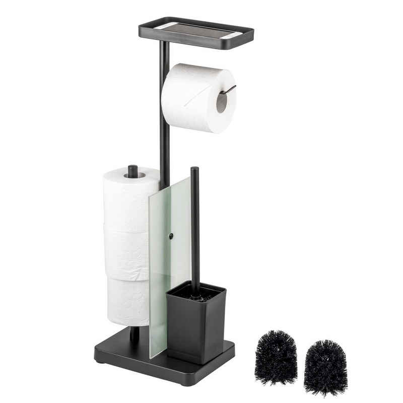 eluno WC-Garnitur 4in1, WC-Bürste, Rollenhalter, Ablage Glas/Metall schwarz