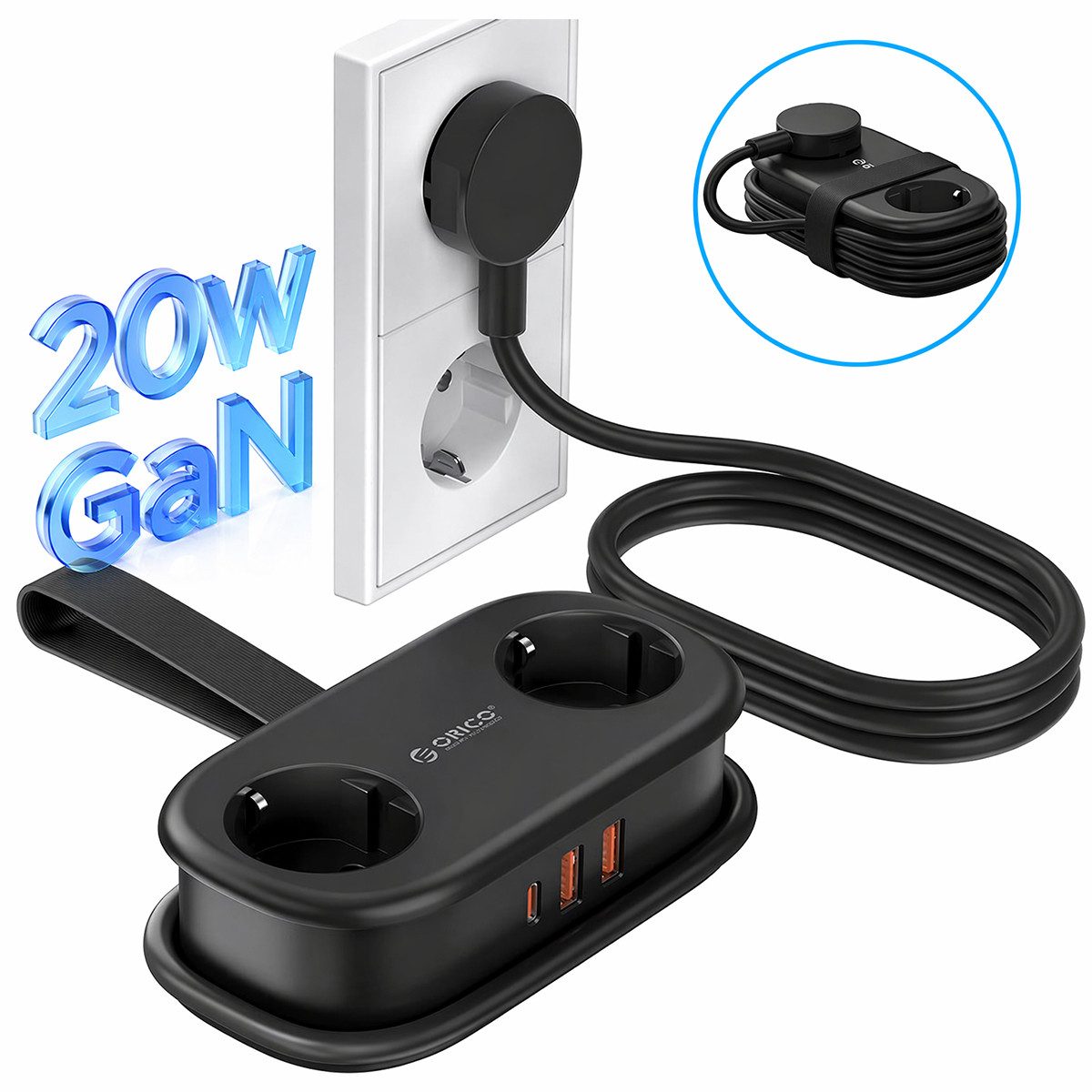 ORICO Steckdose AP3 20W Reisesteckdosenleiste mit USB-C PD, 1,5 m Kabel – kompakt für Reise & Home Office, 1-St., 2 Steckdosen & 3 USB-Anschlüssen, für Haushalt, Büro & Reise