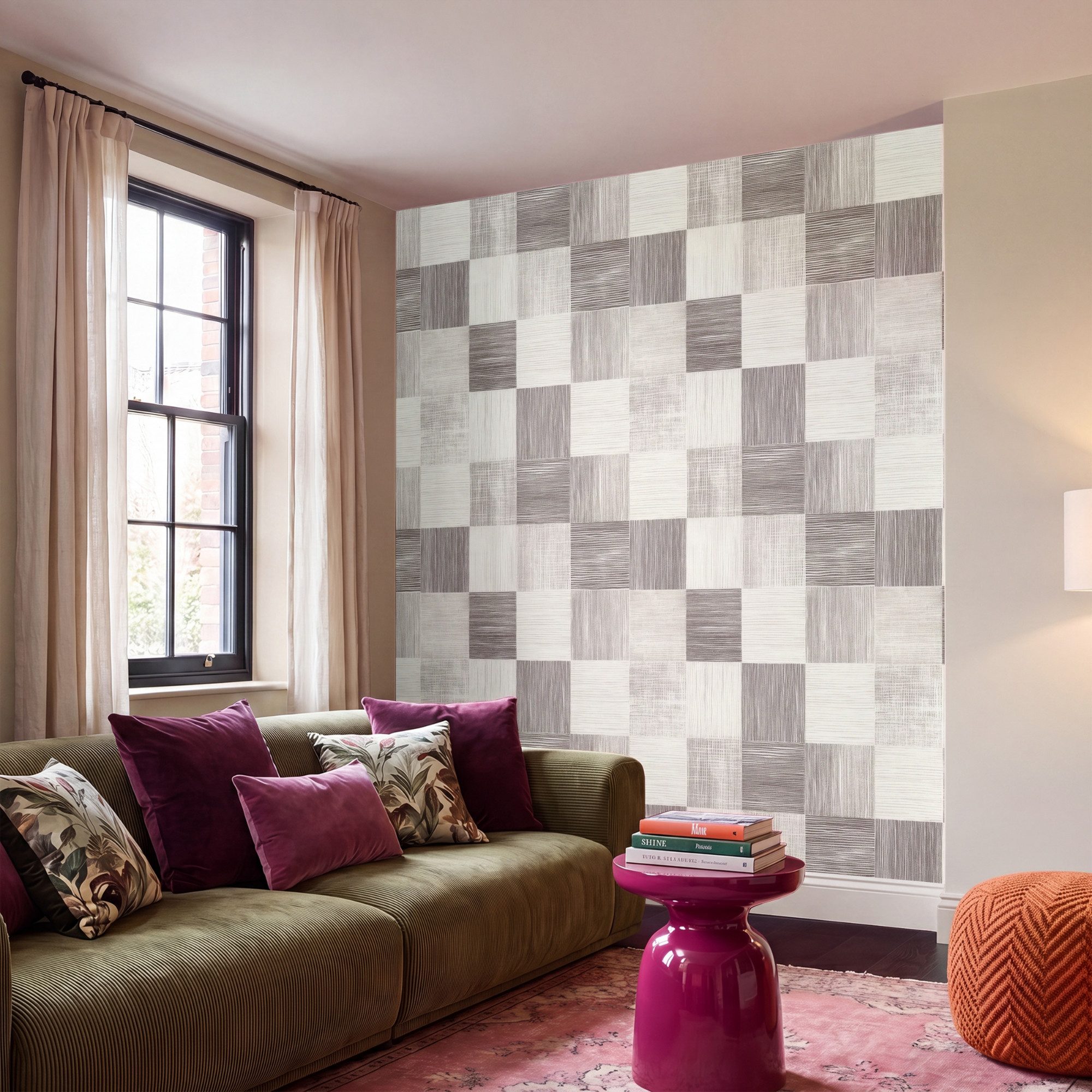 OnlyWow Fototapete Muster - Schachbrettmuster - Holzmaserung, Matt, bedruckt, Schlafzimmer, Modern, Wanddekoration, Vliestapete 200x220cm