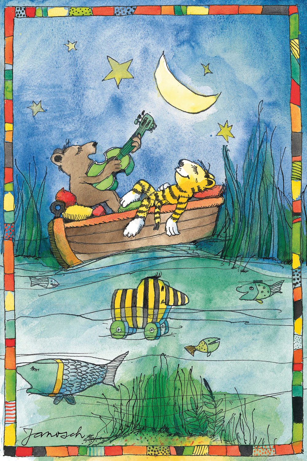 LuckyLinde Leinwandbild Der kleine Tiger und der kleine Bär im Boot, Bär, Bären, Ente, Enten, Figuren, Filmfiguren, Natur, Schiffe, Teddy, Tiere, Tiger, little star (1 St), Exklusive JANOSCH Kindermotive