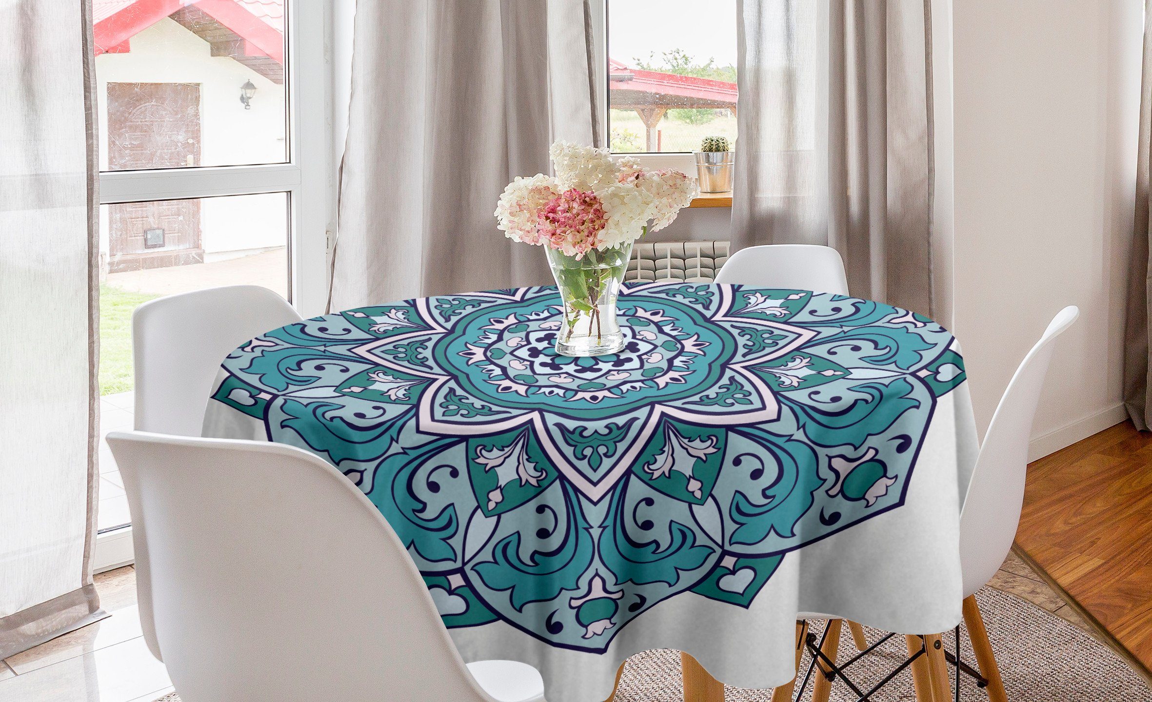 Abakuhaus Tischdecke Kreis Tischdecke Abdeckung für Esszimmer Küche Dekoration, Blauer Mandala Curly Osten Blume