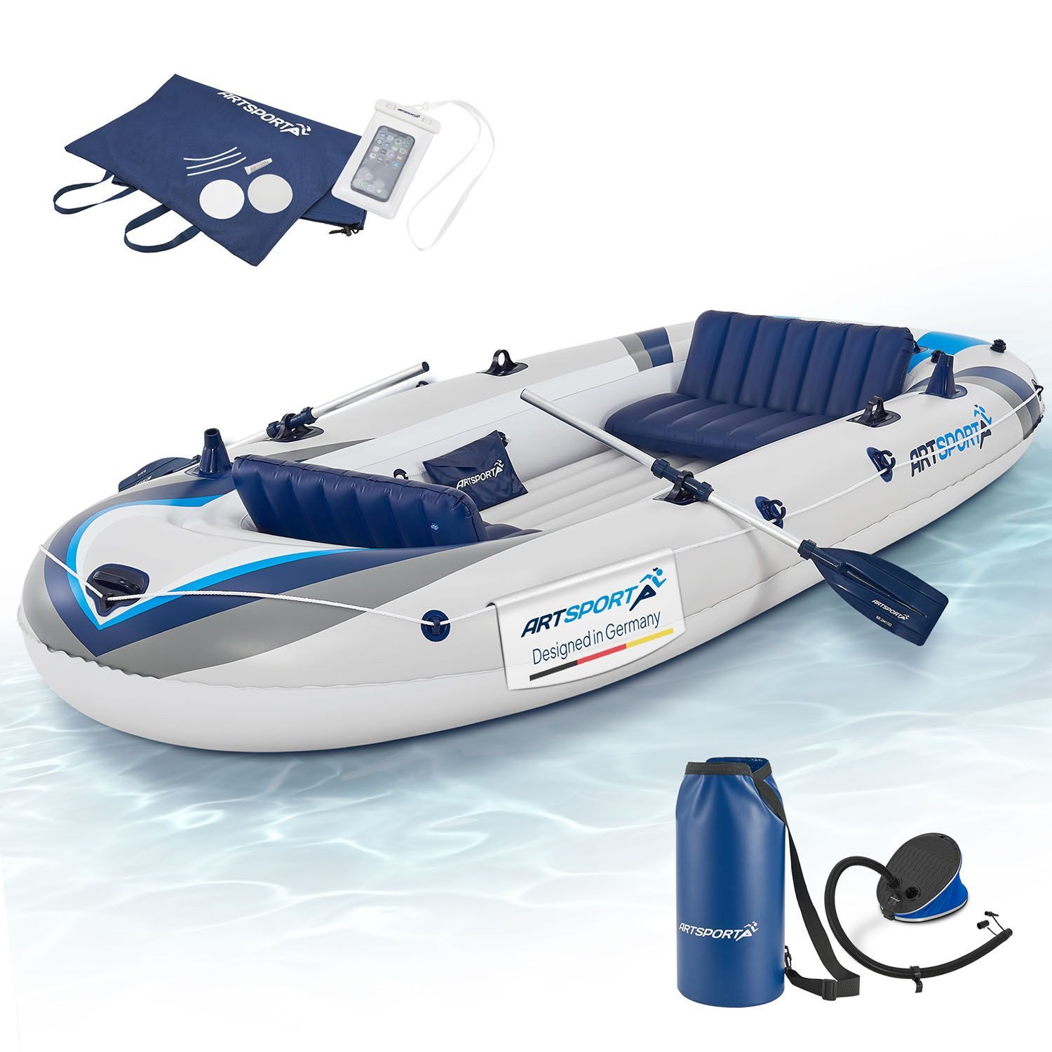 ArtSport Schlauchboot, bis 4 Personen - inkl. Luftpumpe, Paddel und mehr