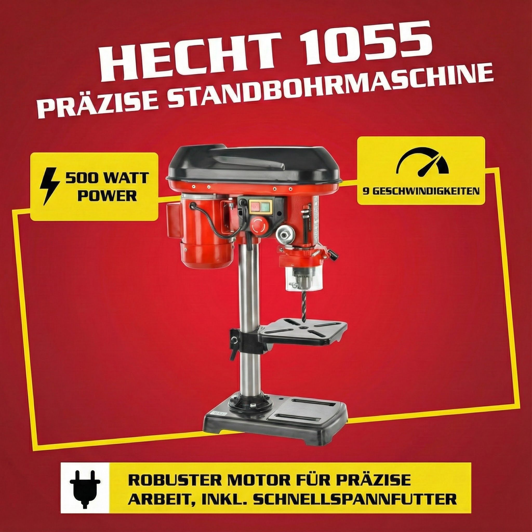 Hecht Tischbohrmaschine 1055 mit 50 mm Spindelhub, 230-240 V, max. 2700 U/min, 500 W, Profimodell